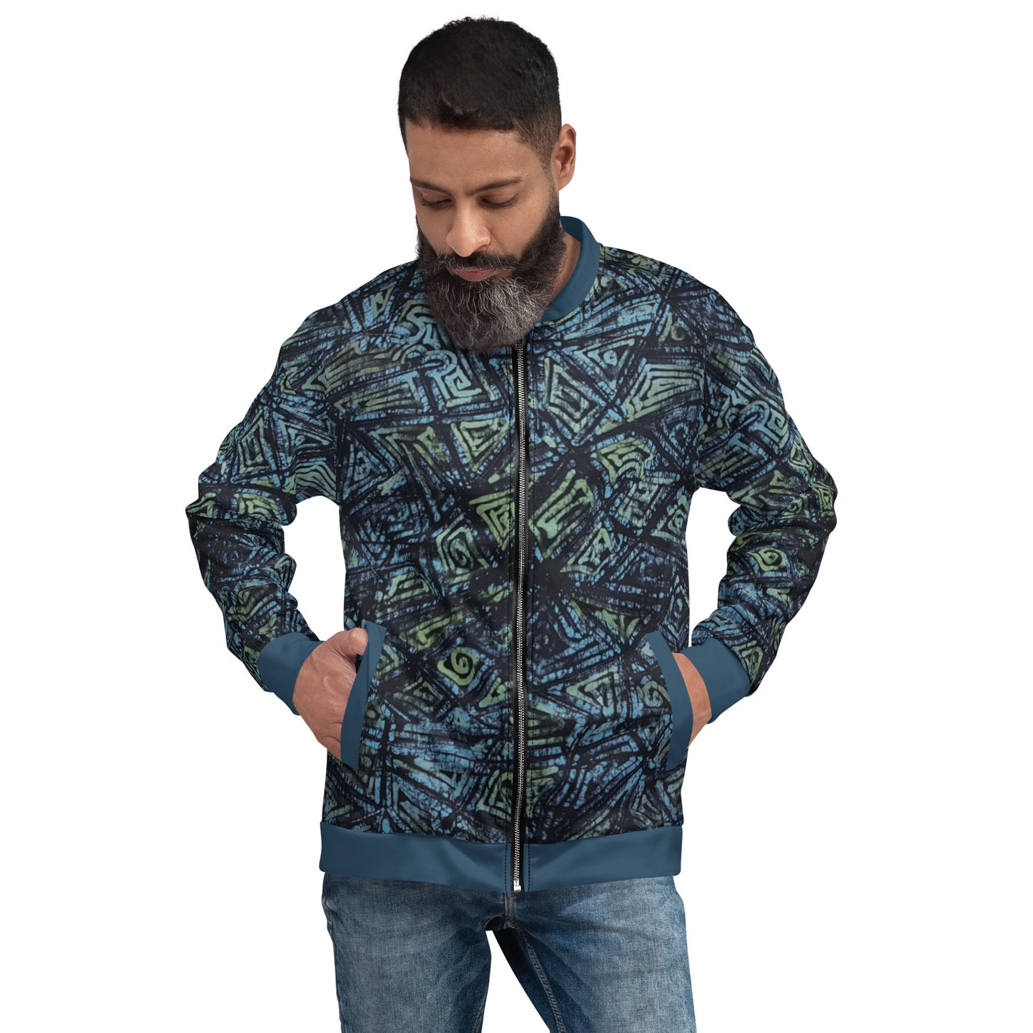 Indigo Green Turquoise Adire Unisex Bomber Jacket