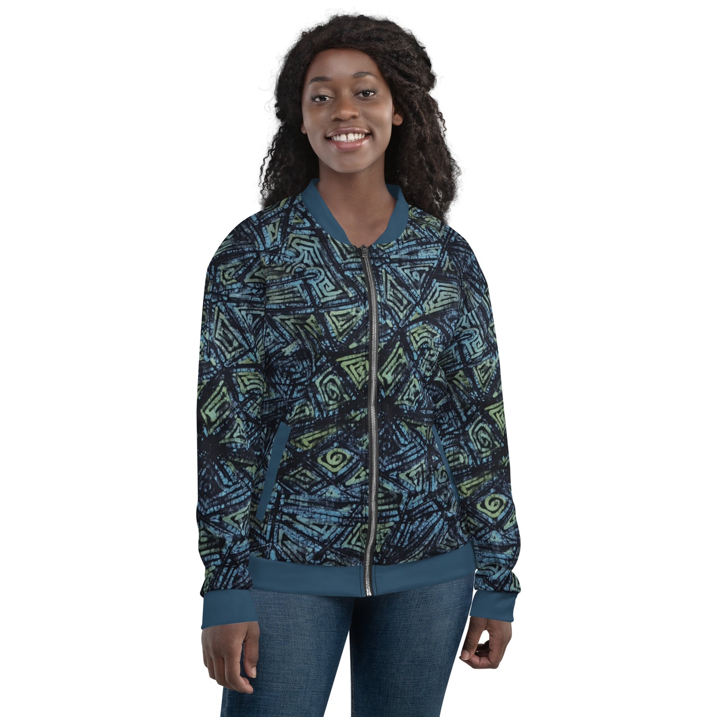 Indigo Green Turquoise Adire Unisex Bomber Jacket