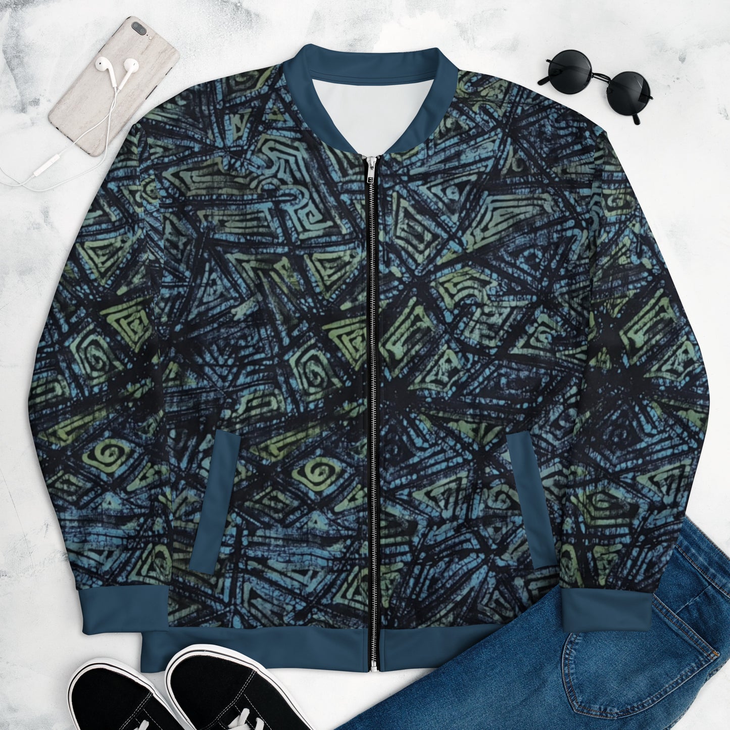 Indigo Green Turquoise Adire Unisex Bomber Jacket