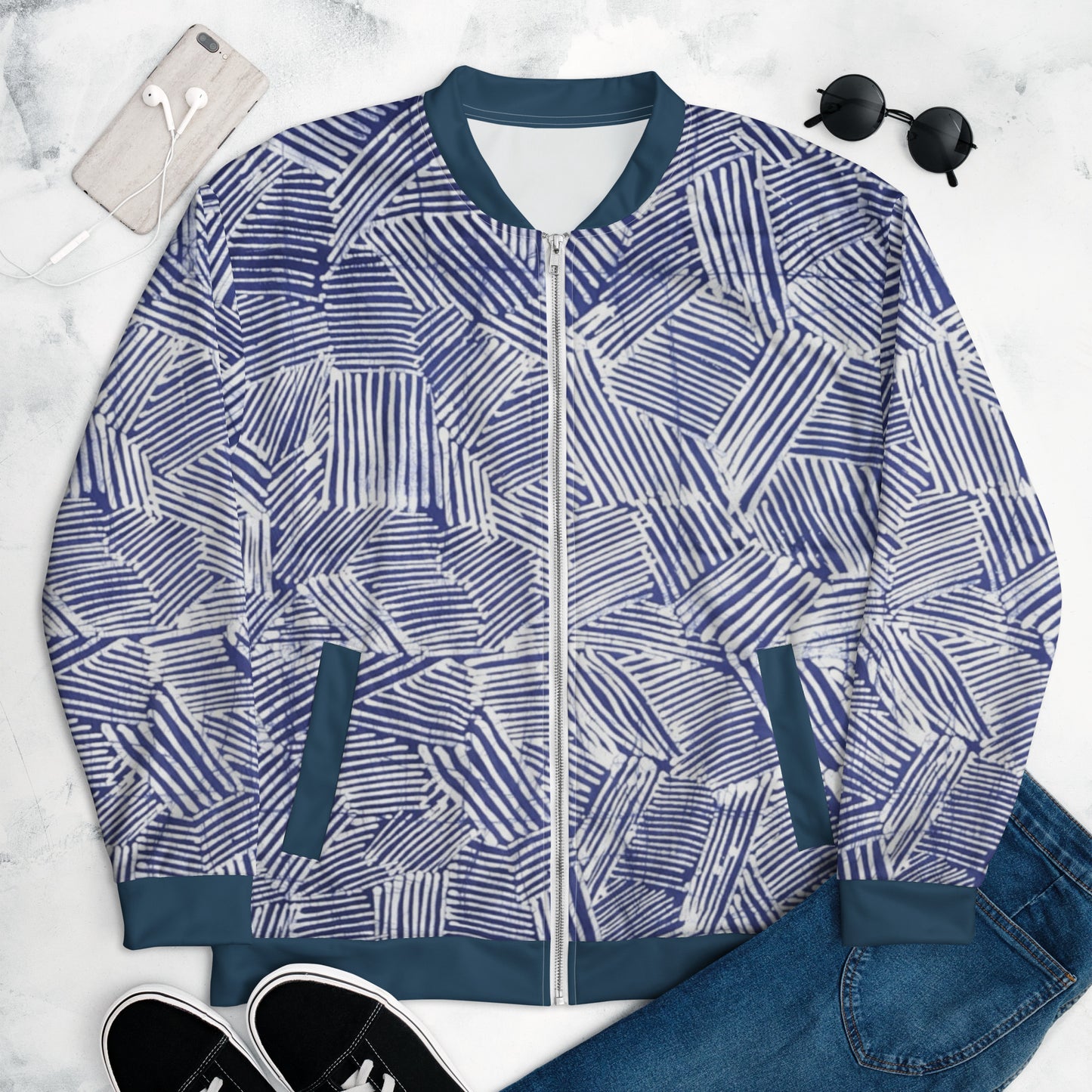 Blue & White Stripe Adire Unisex Bomber Jacket