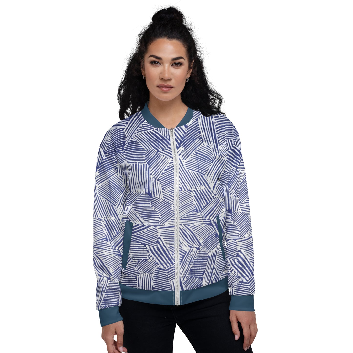 Blue & White Stripe Adire Unisex Bomber Jacket