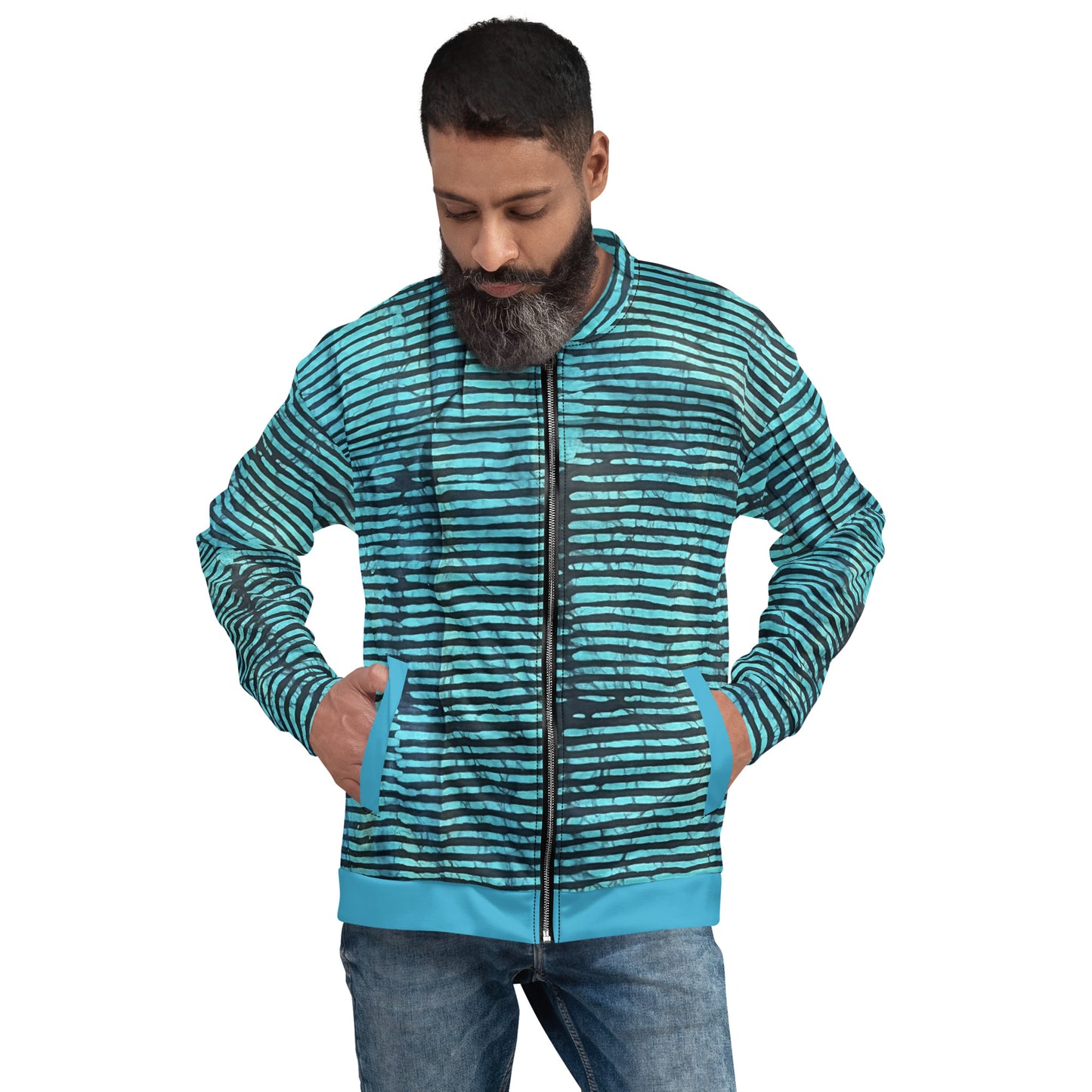 Aqua Black Stripes Adire Unisex Bomber Jacket