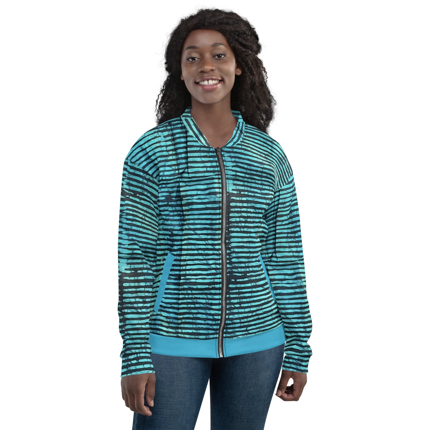 Aqua Black Stripes Adire Unisex Bomber Jacket