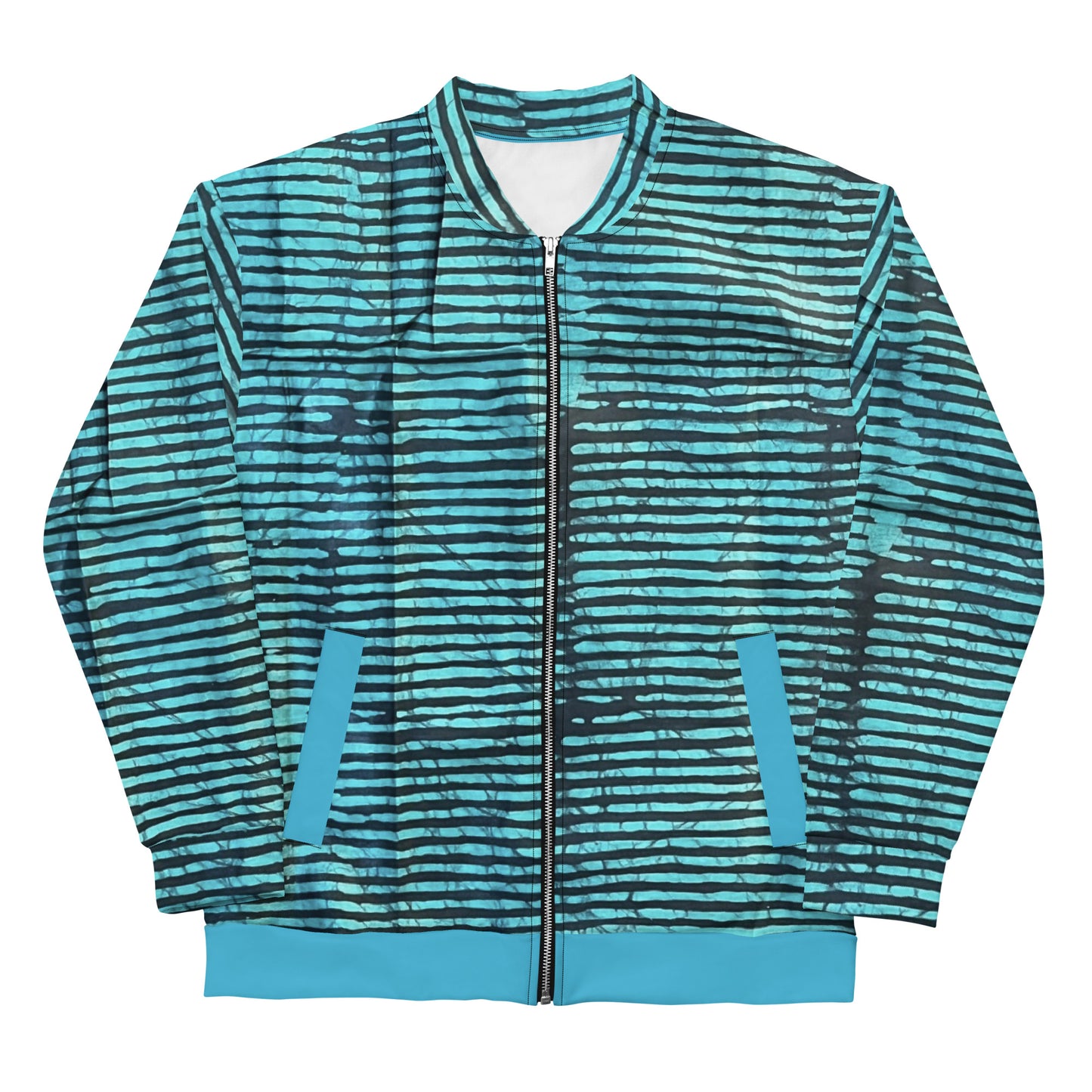 Aqua Black Stripes Adire Unisex Bomber Jacket