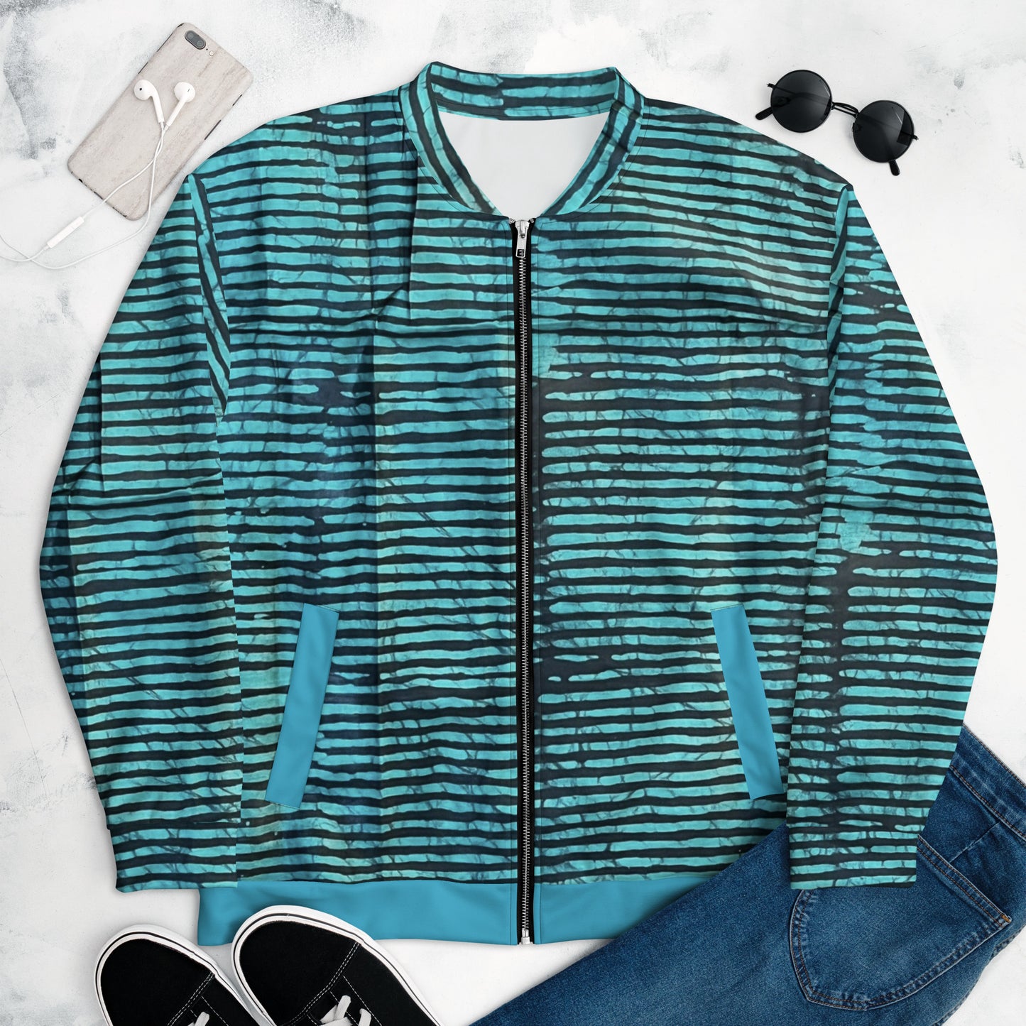 Aqua Black Stripes Adire Unisex Bomber Jacket