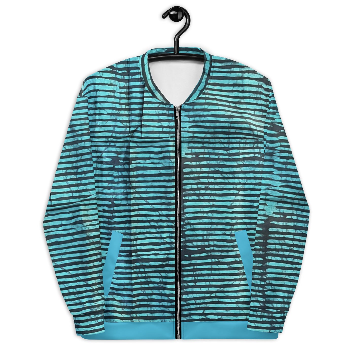 Aqua Black Stripes Adire Unisex Bomber Jacket