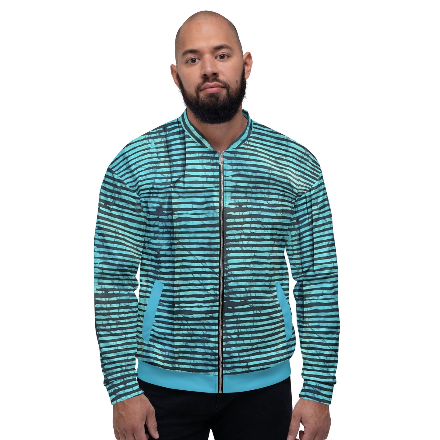 Aqua Black Stripes Adire Unisex Bomber Jacket