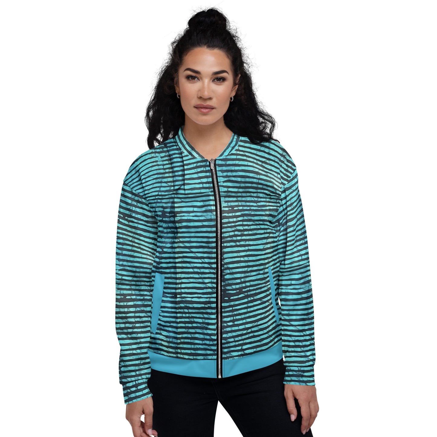 Aqua Black Stripes Adire Unisex Bomber Jacket