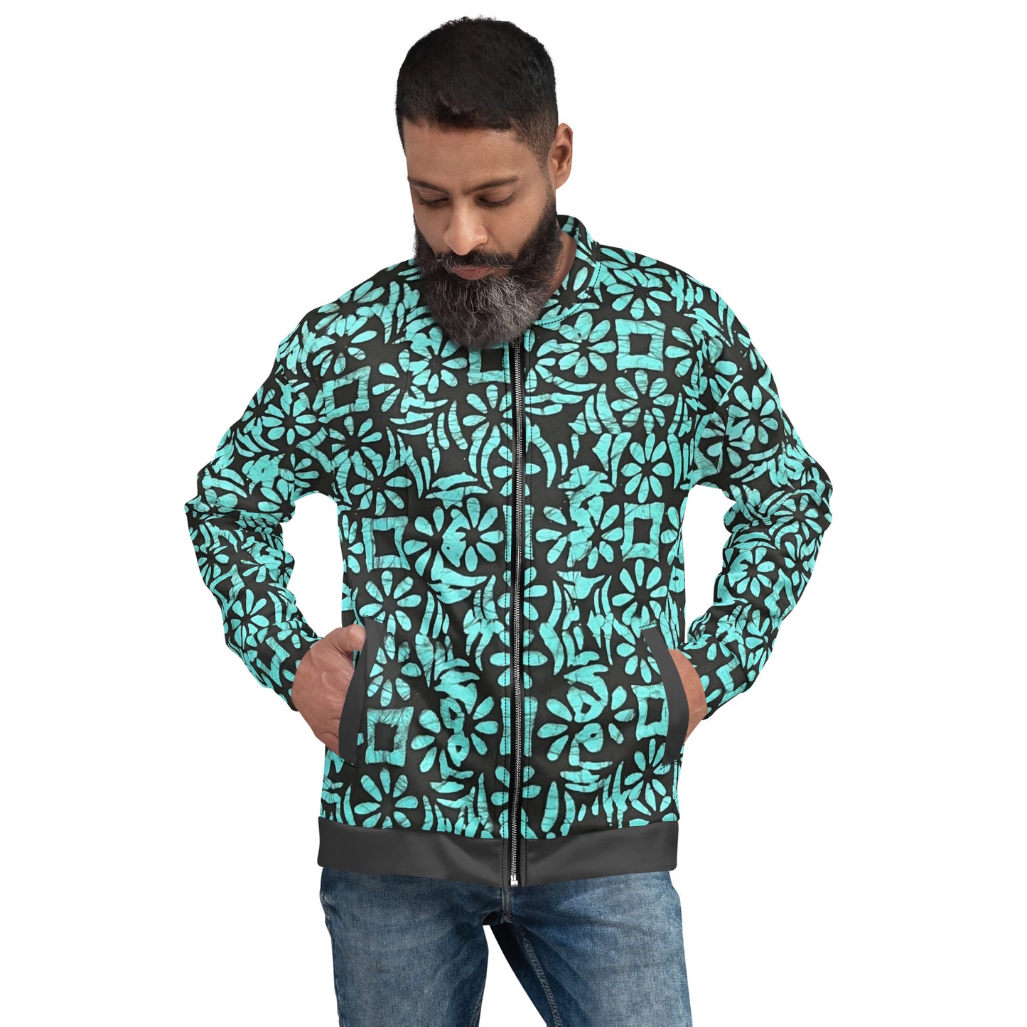 Aqua Abstract Adire Unisex Bomber Jacket