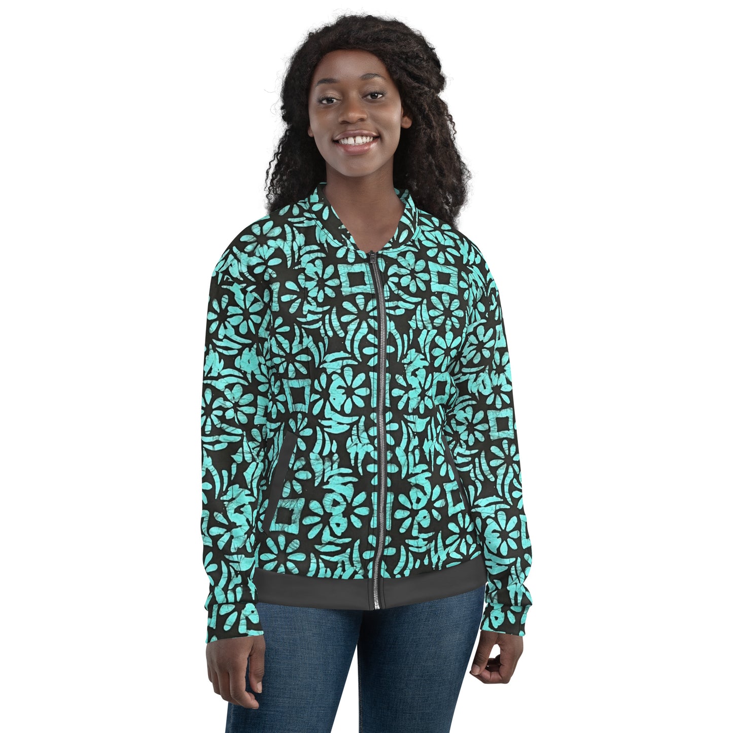 Aqua Abstract Adire Unisex Bomber Jacket