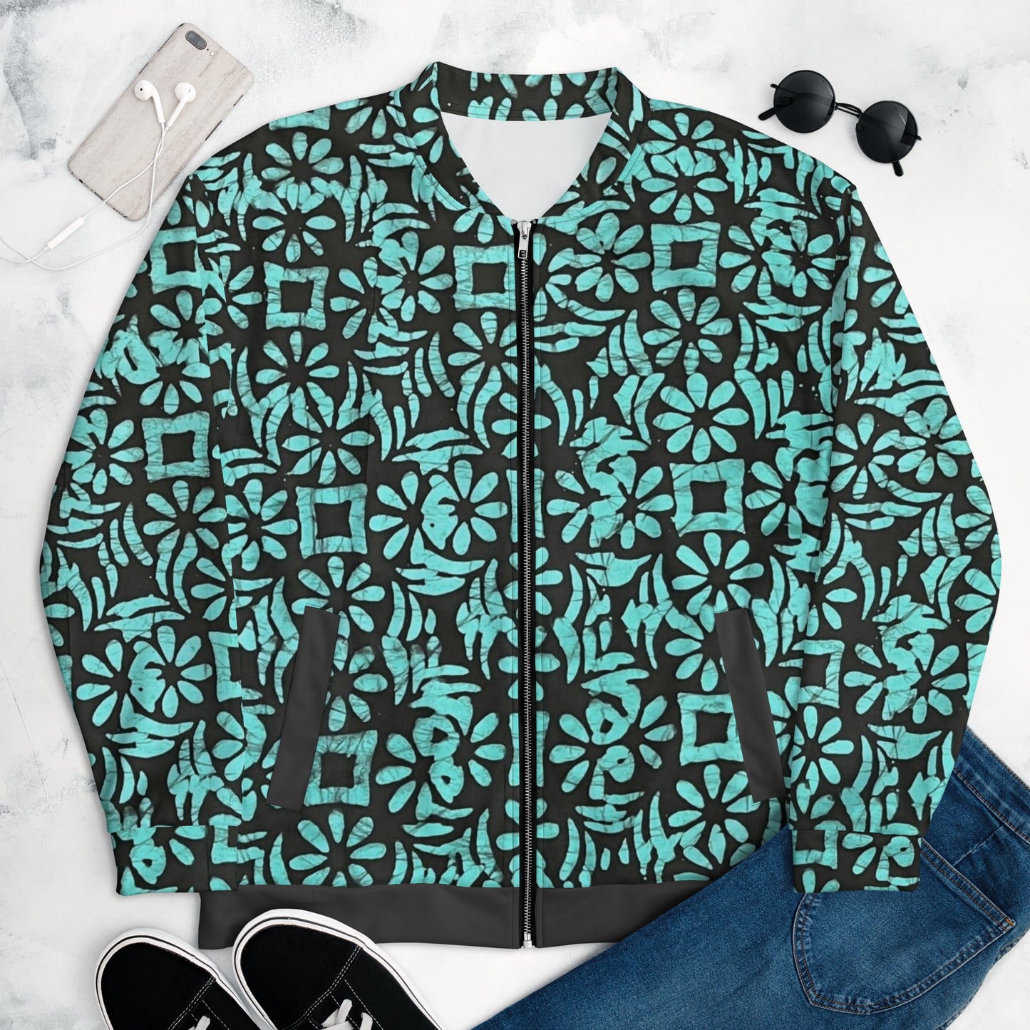 Aqua Abstract Adire Unisex Bomber Jacket