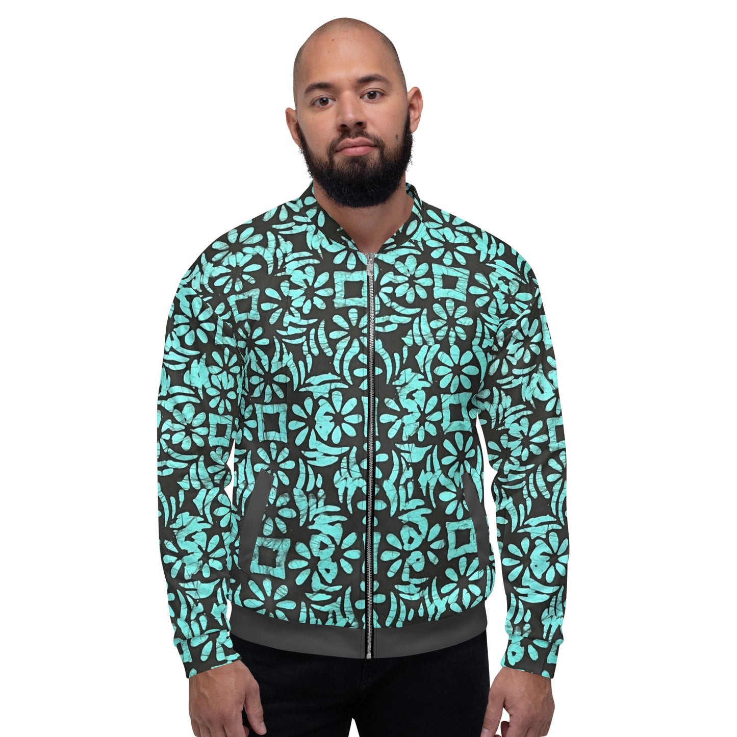 Aqua Abstract Adire Unisex Bomber Jacket