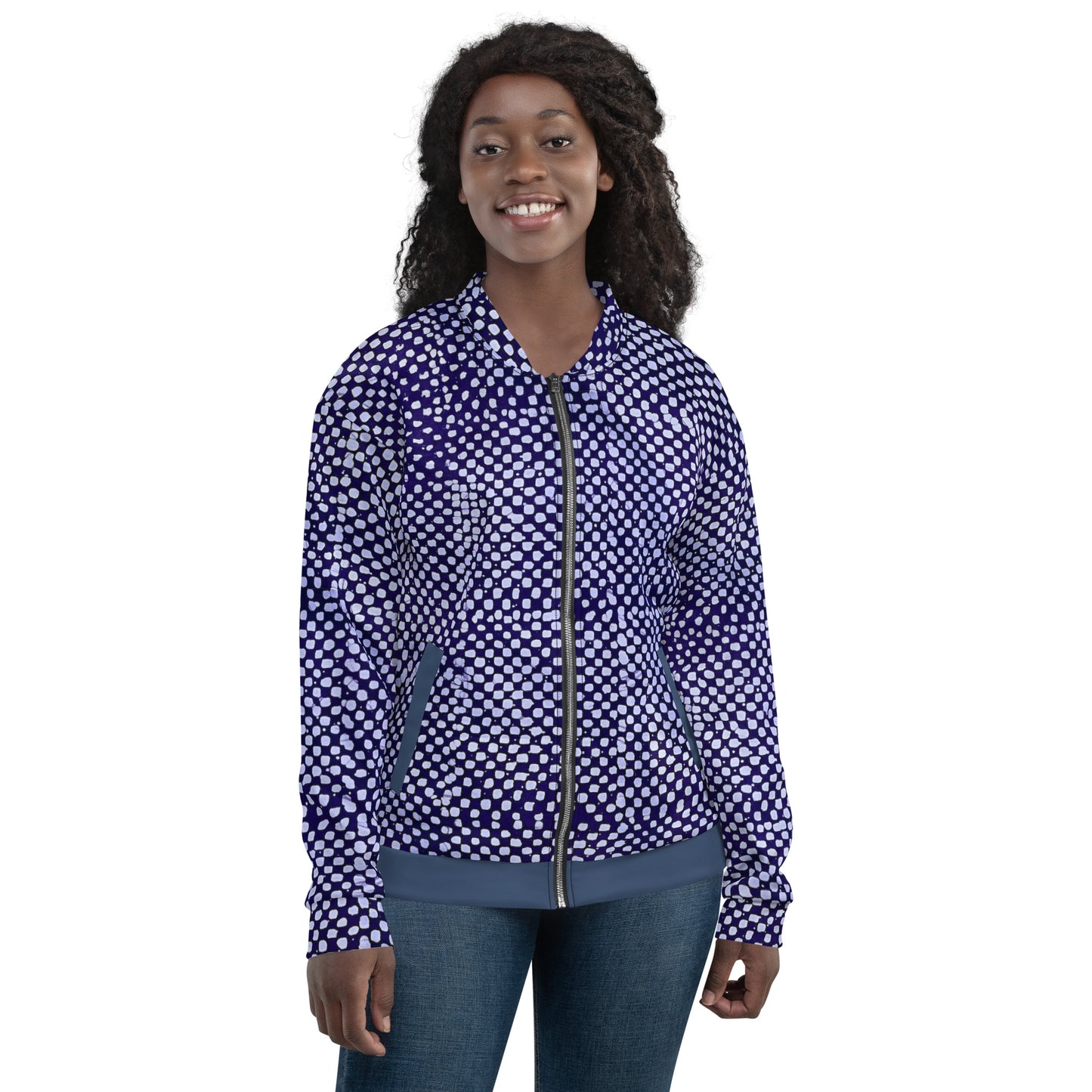 Purple & White Polka Dots Adire Unisex Bomber Jacket