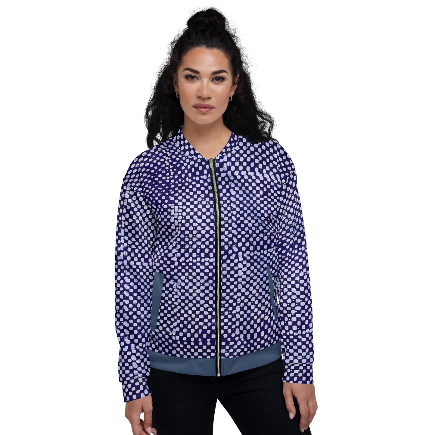 Purple & White Polka Dots Adire Unisex Bomber Jacket