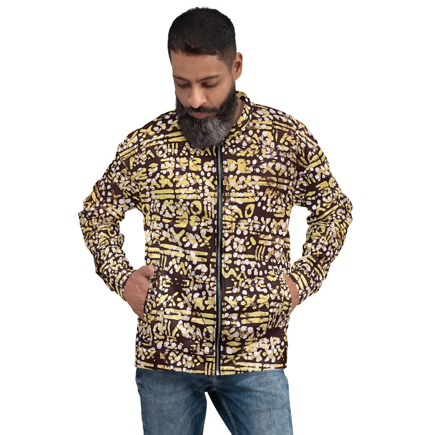 Yellow Brown Noughts & Crosses Adire Unisex Bomber Jacket