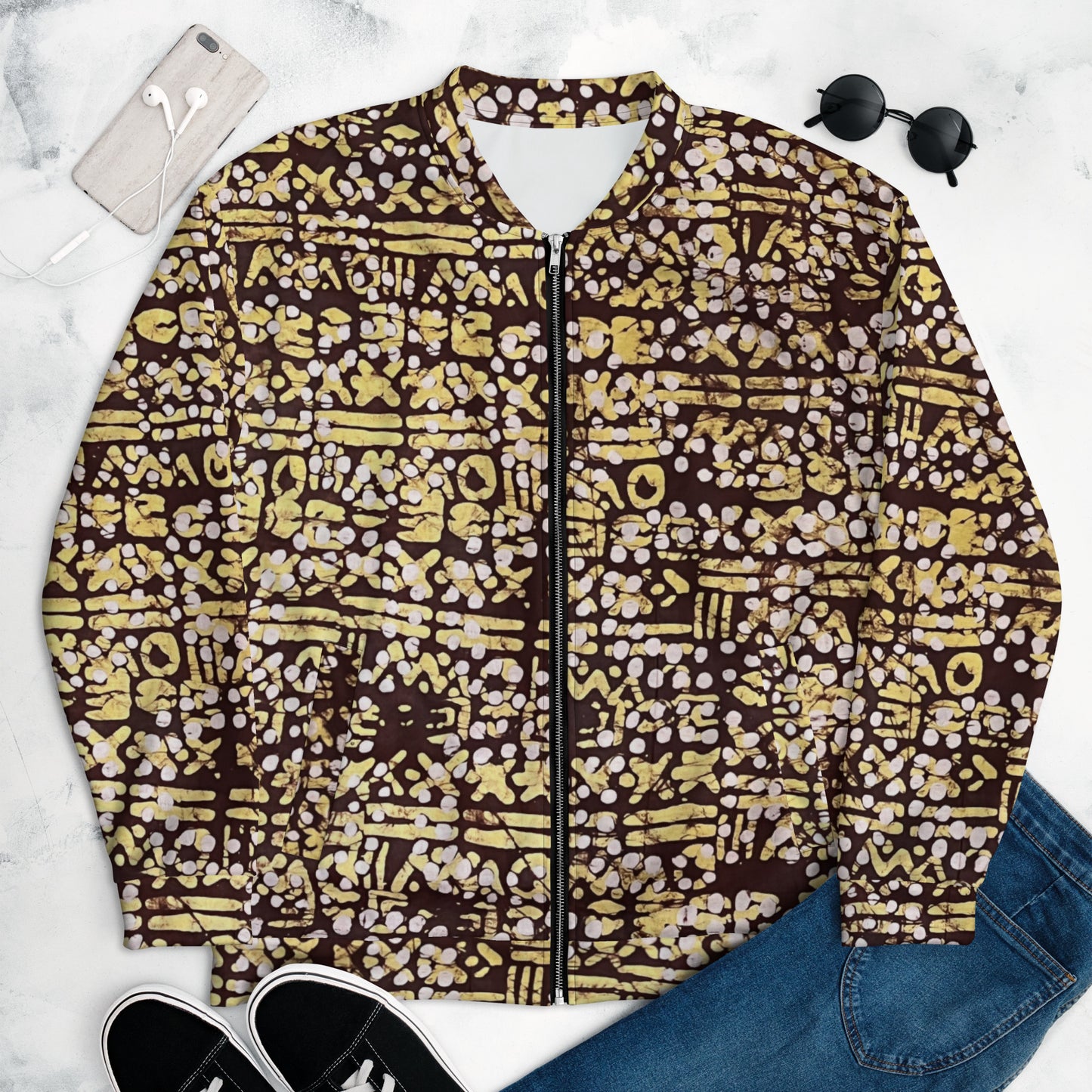 Yellow Brown Noughts & Crosses Adire Unisex Bomber Jacket