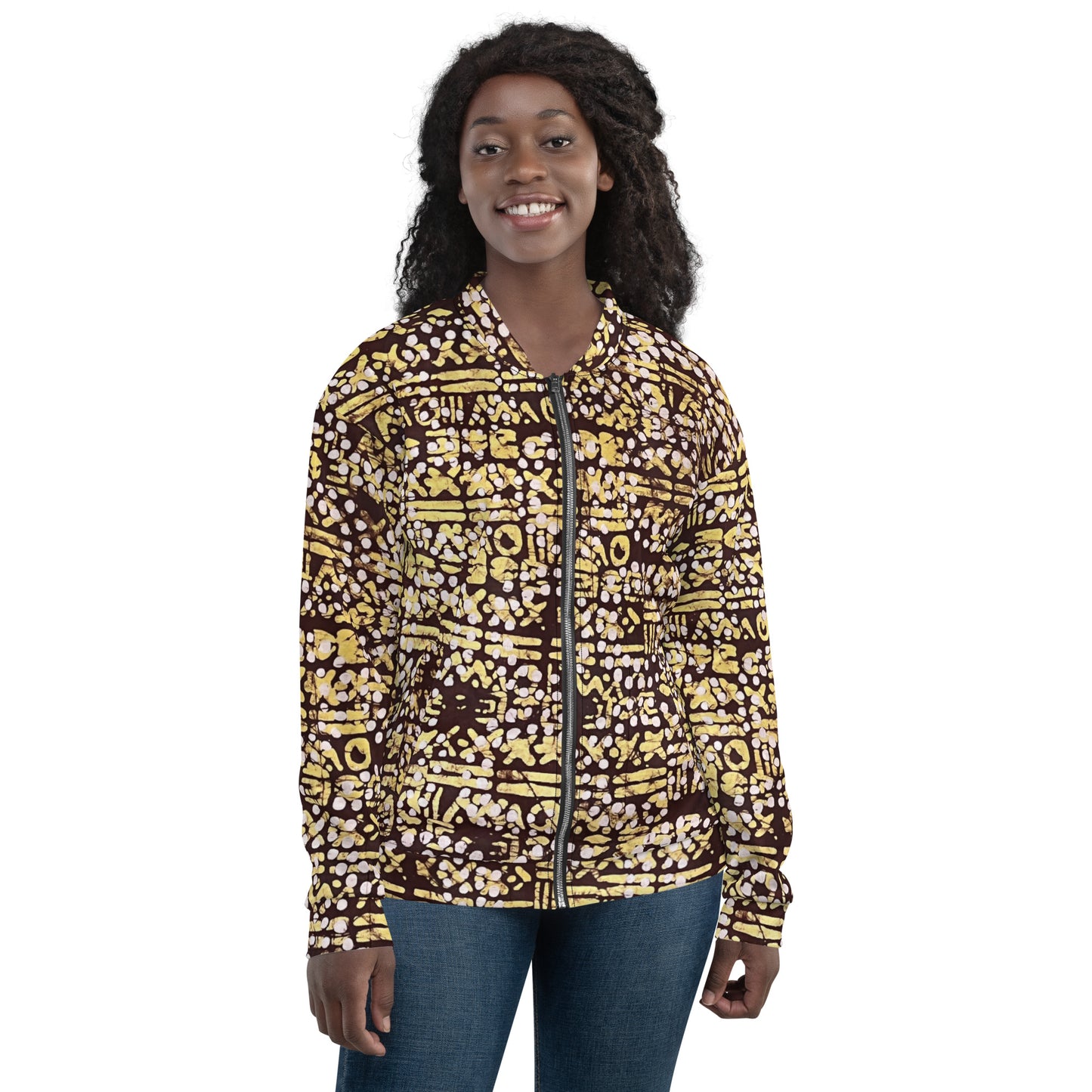 Yellow Brown Noughts & Crosses Adire Unisex Bomber Jacket