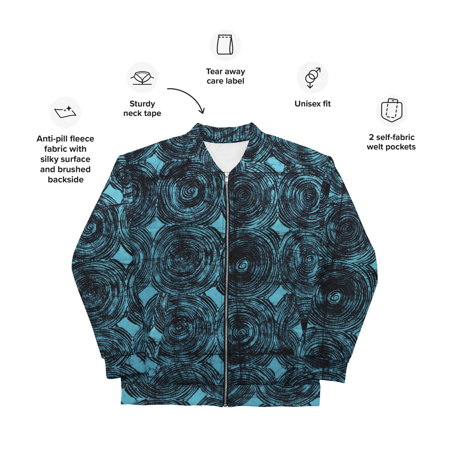 Turquoise & Black Swirls Adire Unisex Bomber Jacket