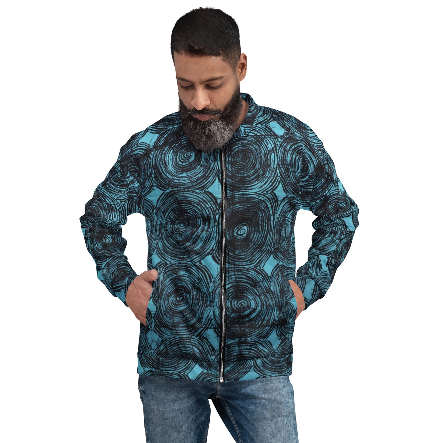 Turquoise & Black Swirls Adire Unisex Bomber Jacket