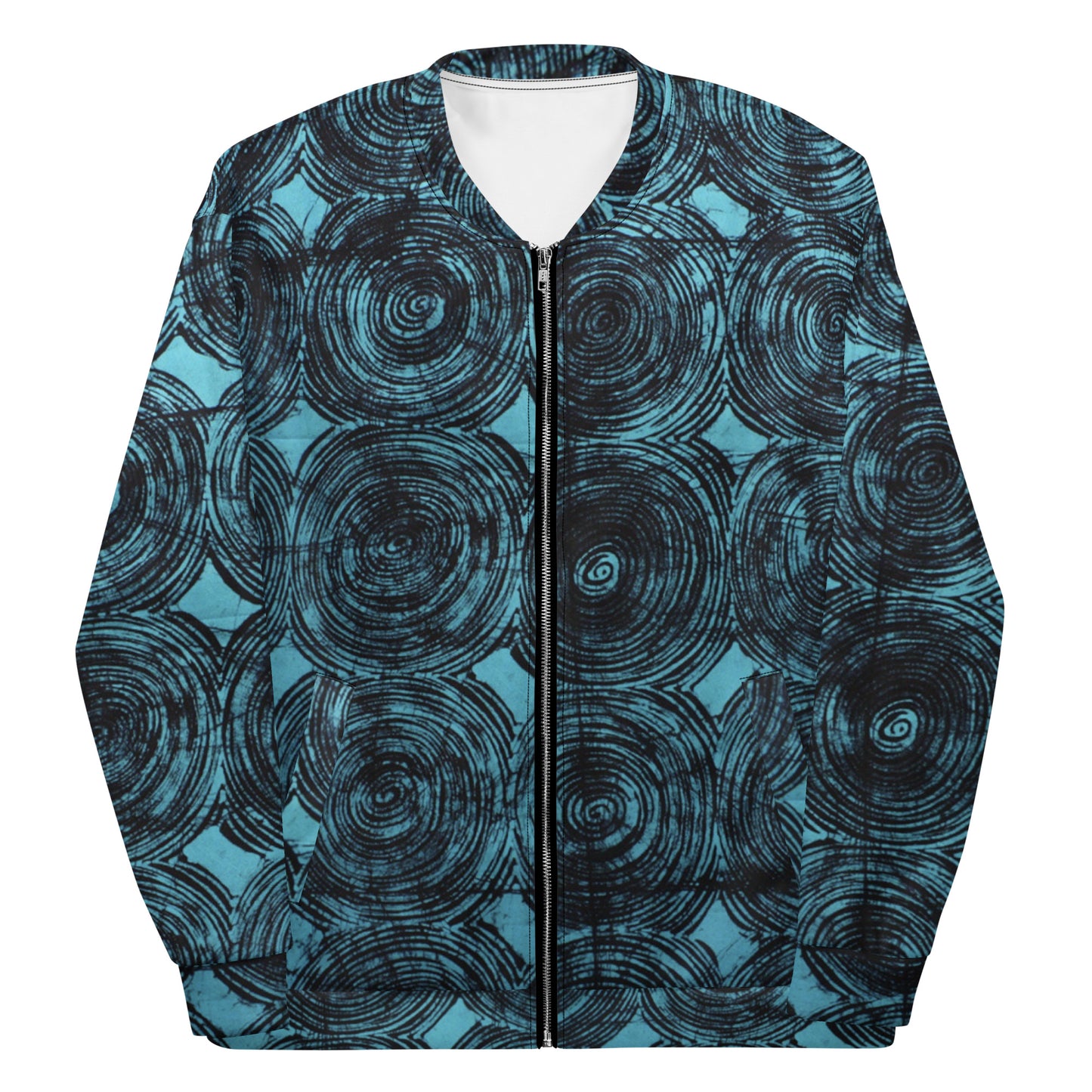 Turquoise & Black Swirls Adire Unisex Bomber Jacket