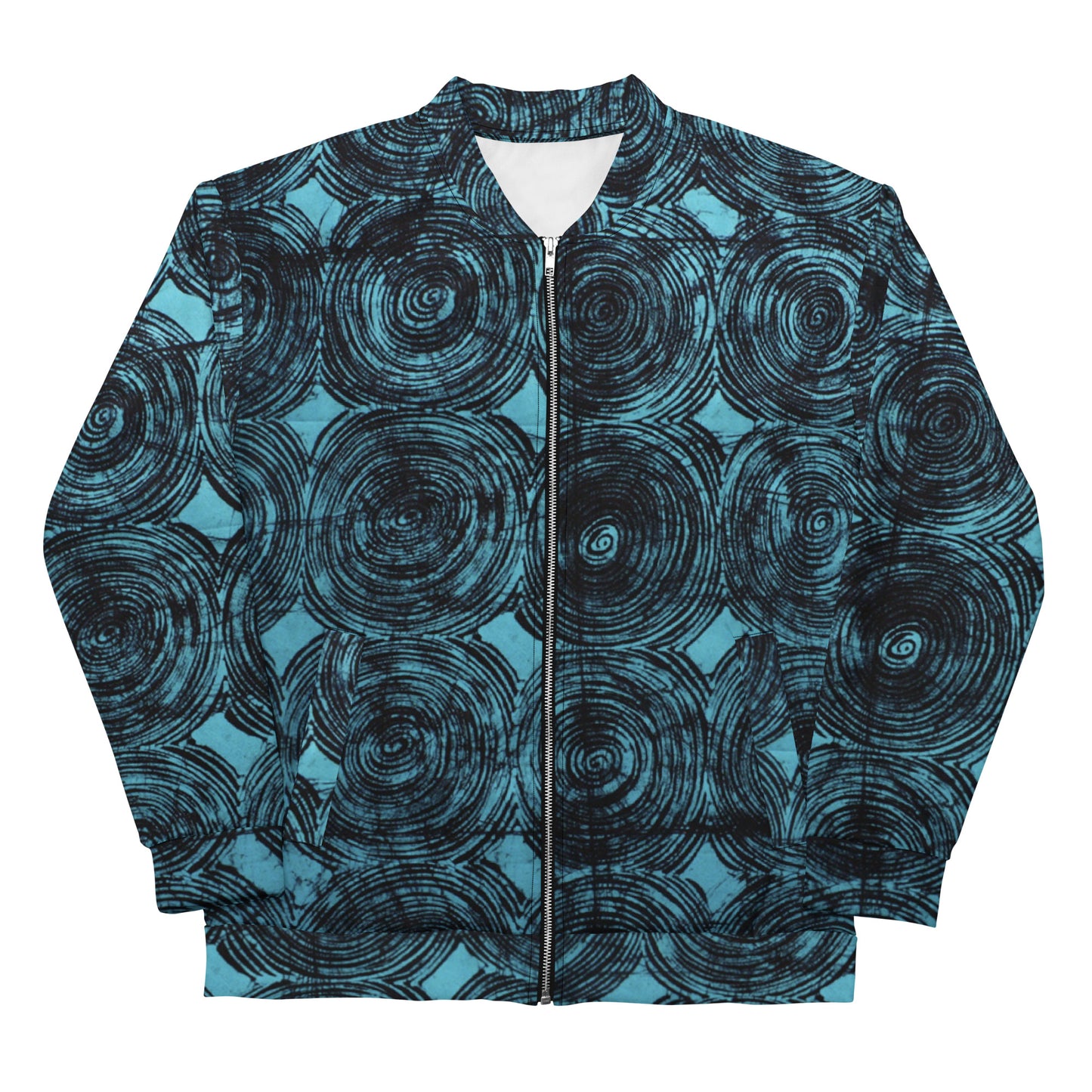 Turquoise & Black Swirls Adire Unisex Bomber Jacket