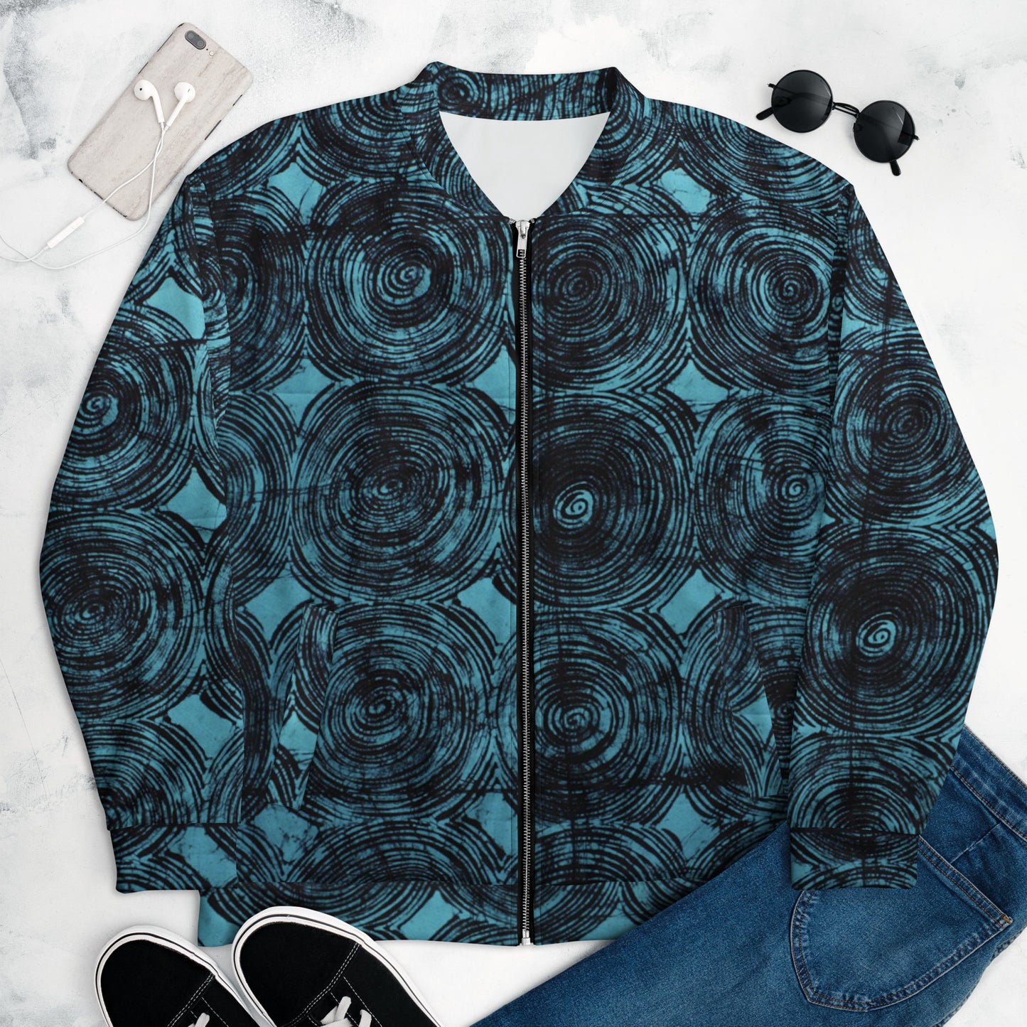 Turquoise & Black Swirls Adire Unisex Bomber Jacket