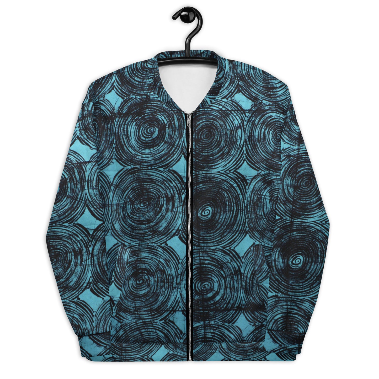 Turquoise & Black Swirls Adire Unisex Bomber Jacket