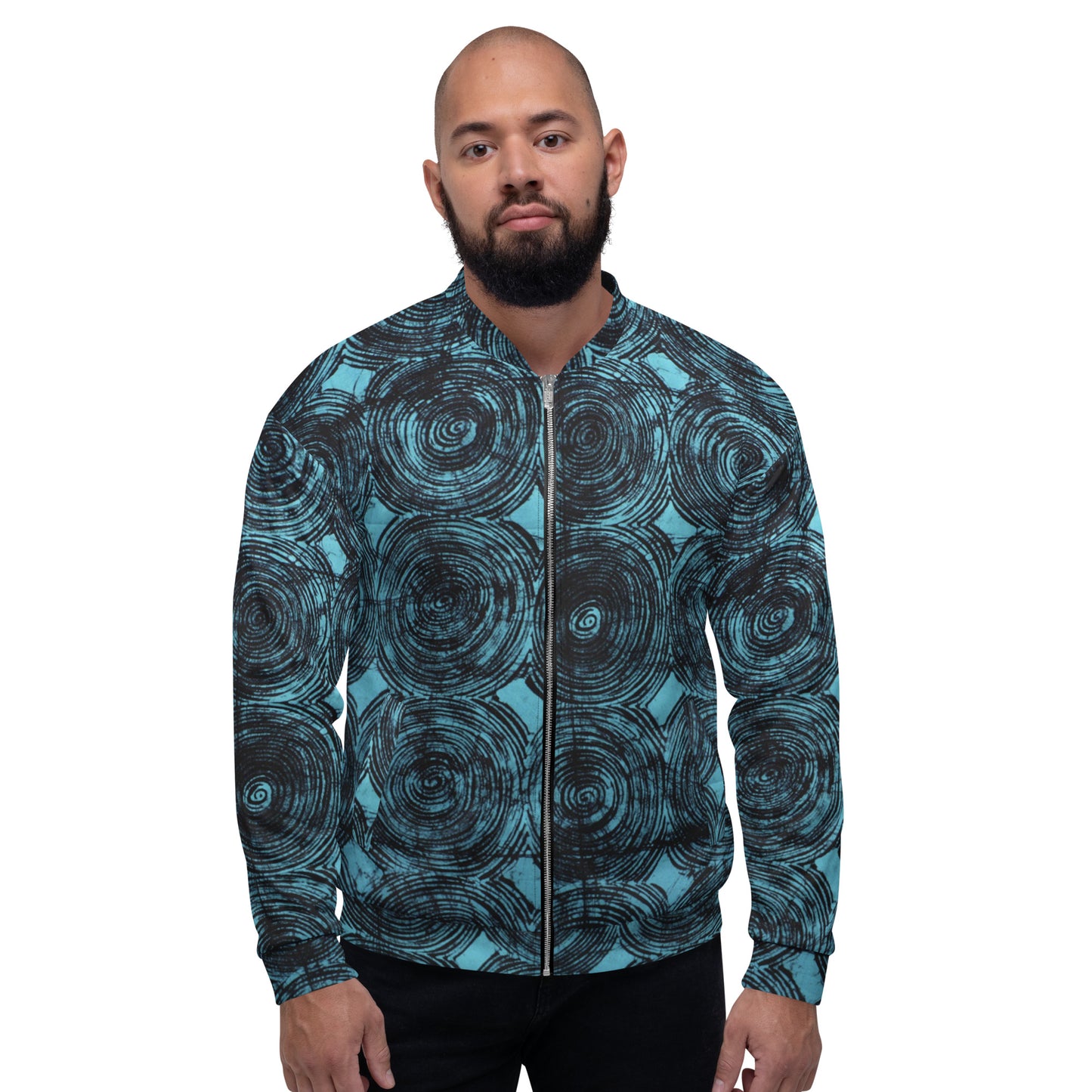 Turquoise & Black Swirls Adire Unisex Bomber Jacket