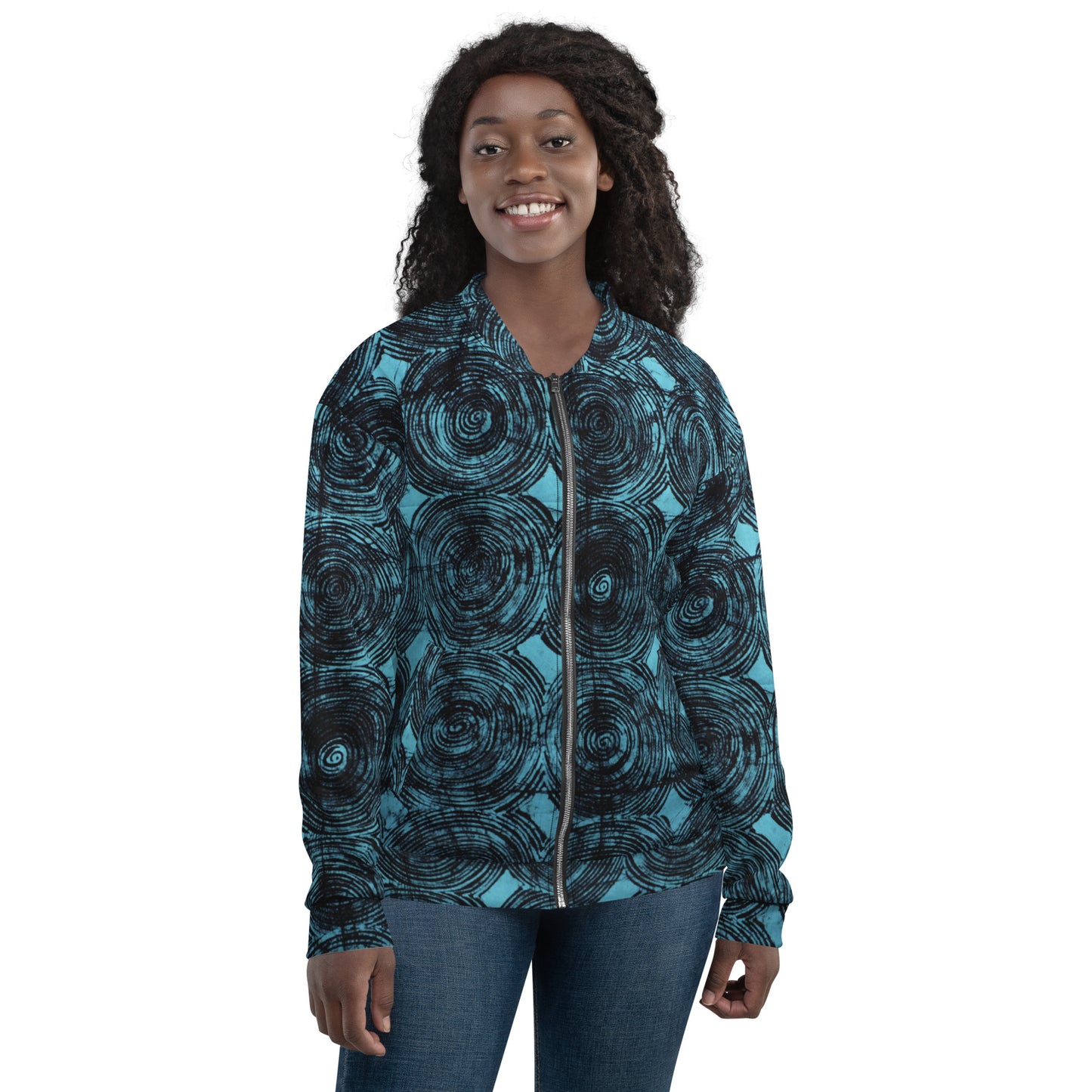 Turquoise & Black Swirls Adire Unisex Bomber Jacket