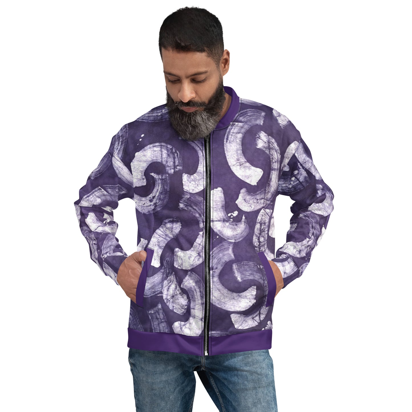 Purple & white Adire Unisex Bomber Jacket