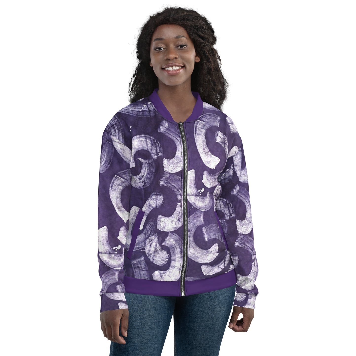 Purple & white Adire Unisex Bomber Jacket