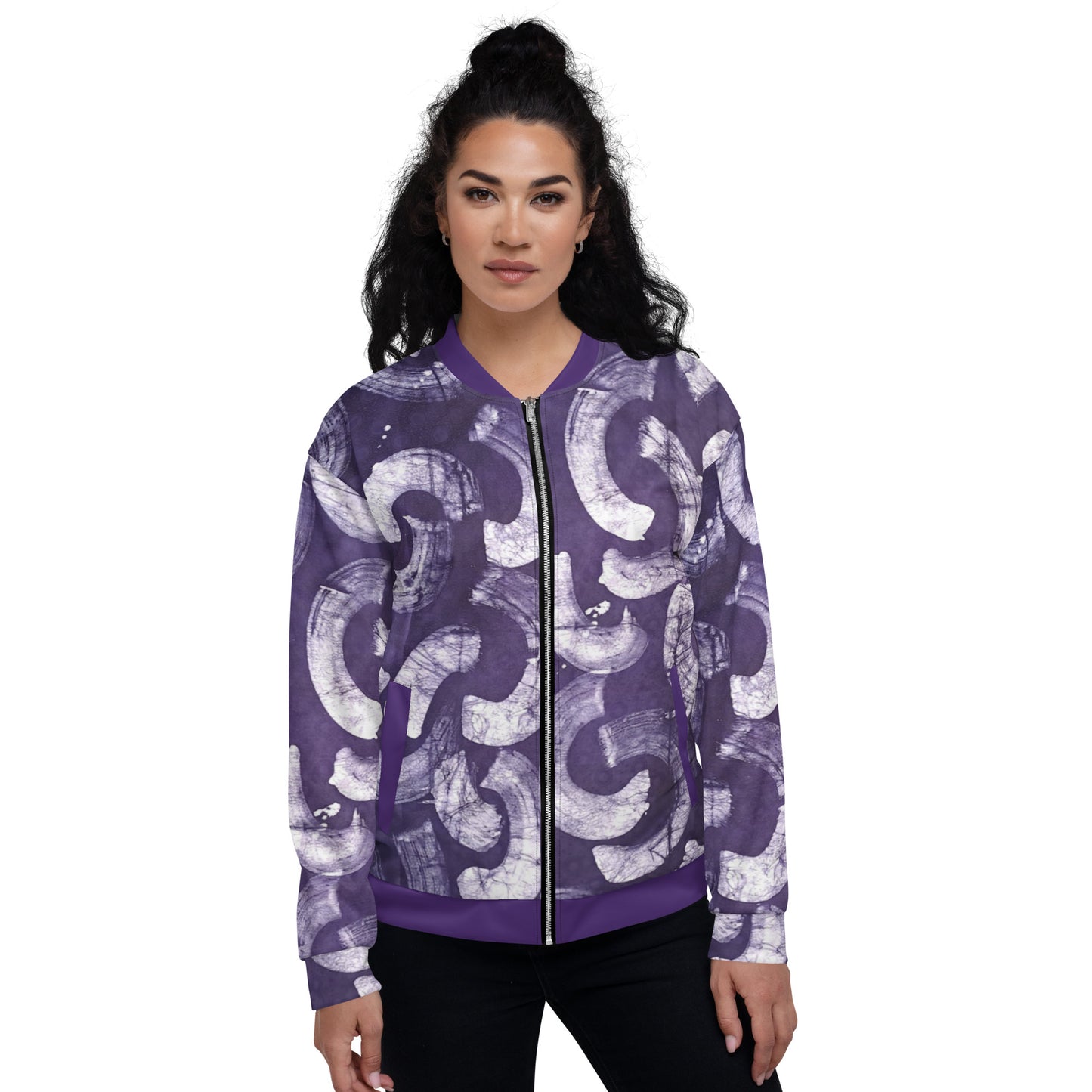 Purple & white Adire Unisex Bomber Jacket