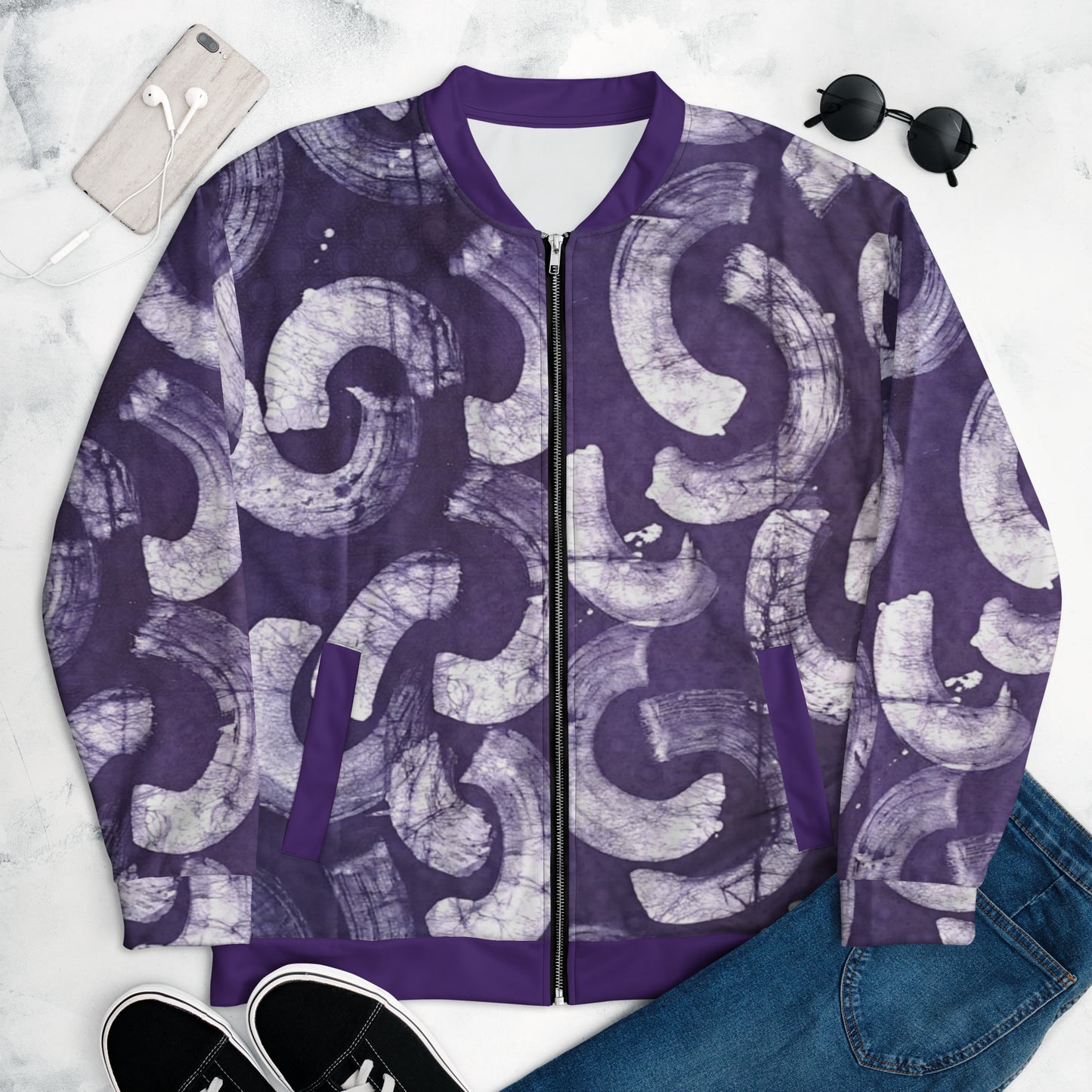 Purple & white Adire Unisex Bomber Jacket