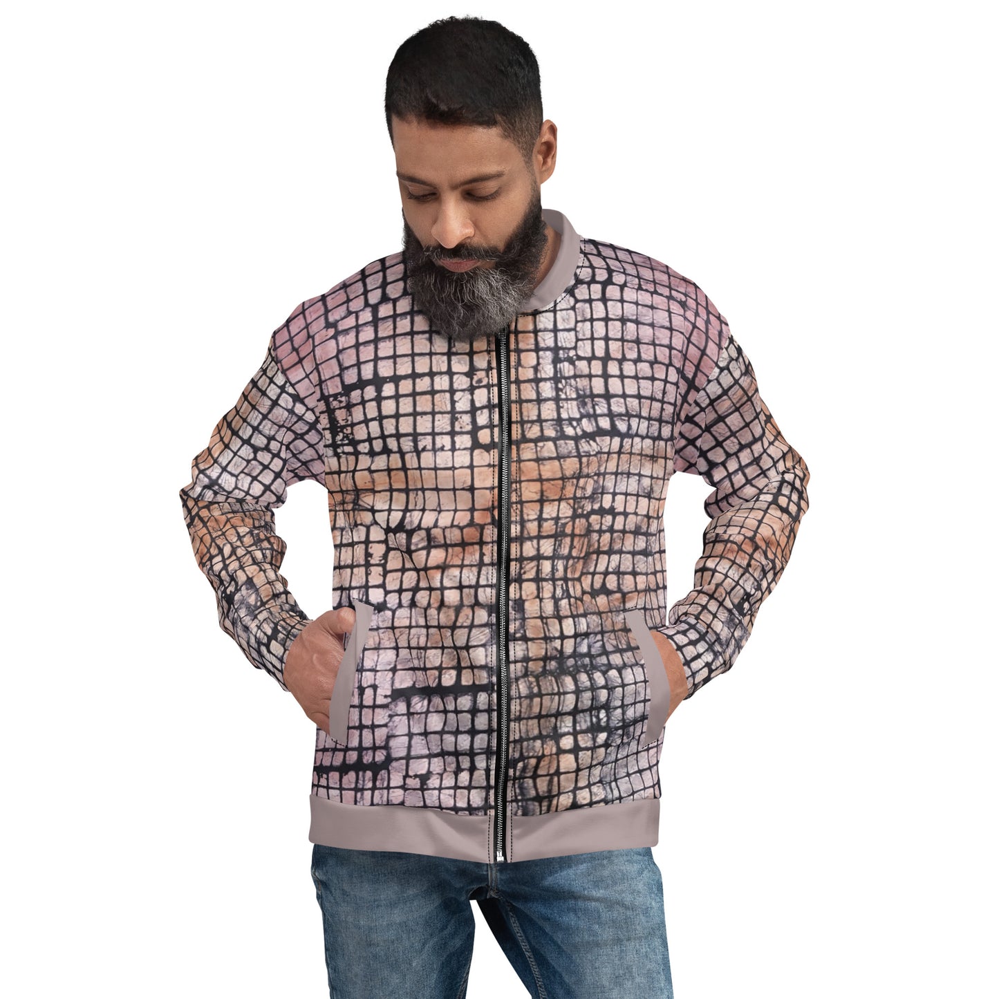 Pink Checked Adire Unisex Bomber Jacket