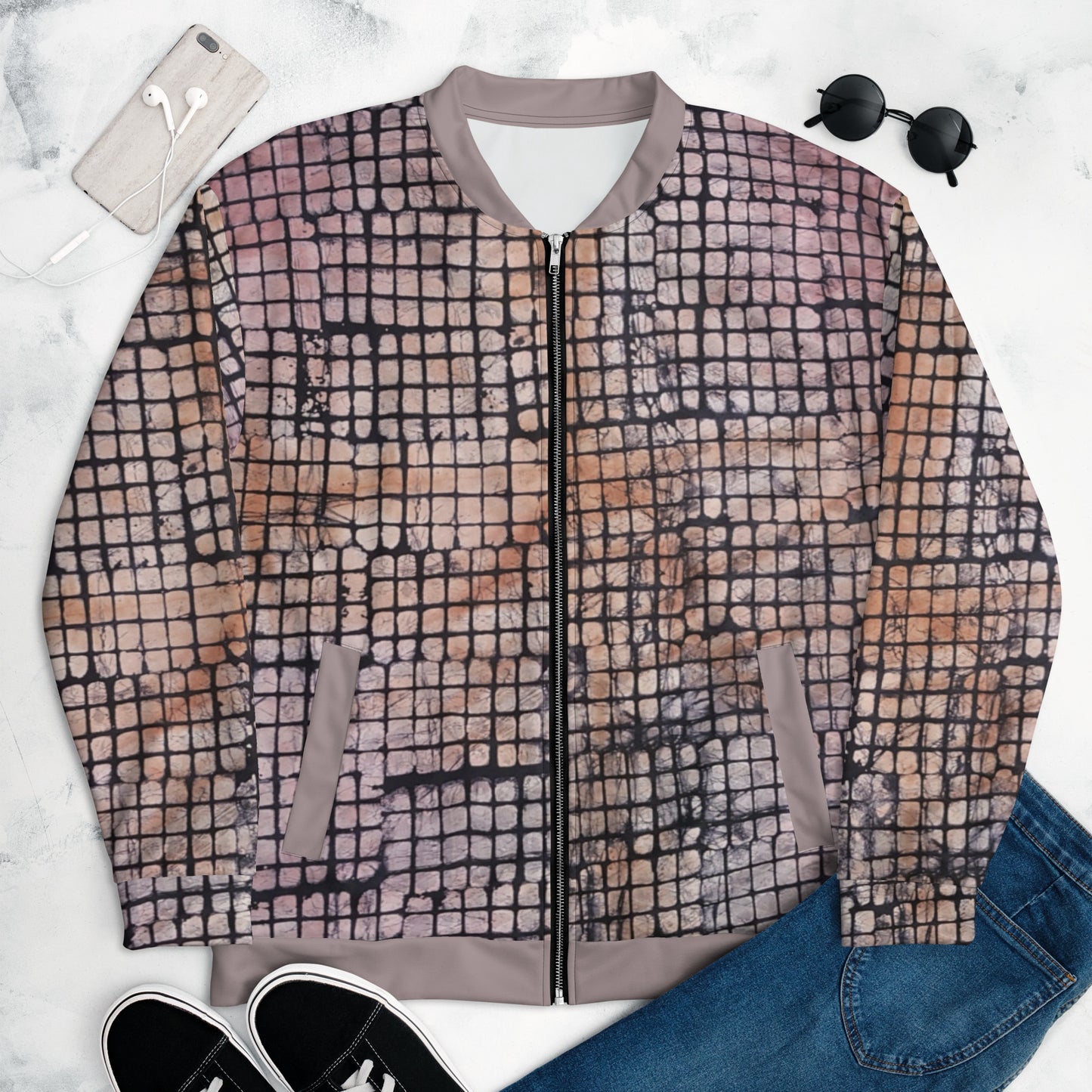 Pink Checked Adire Unisex Bomber Jacket