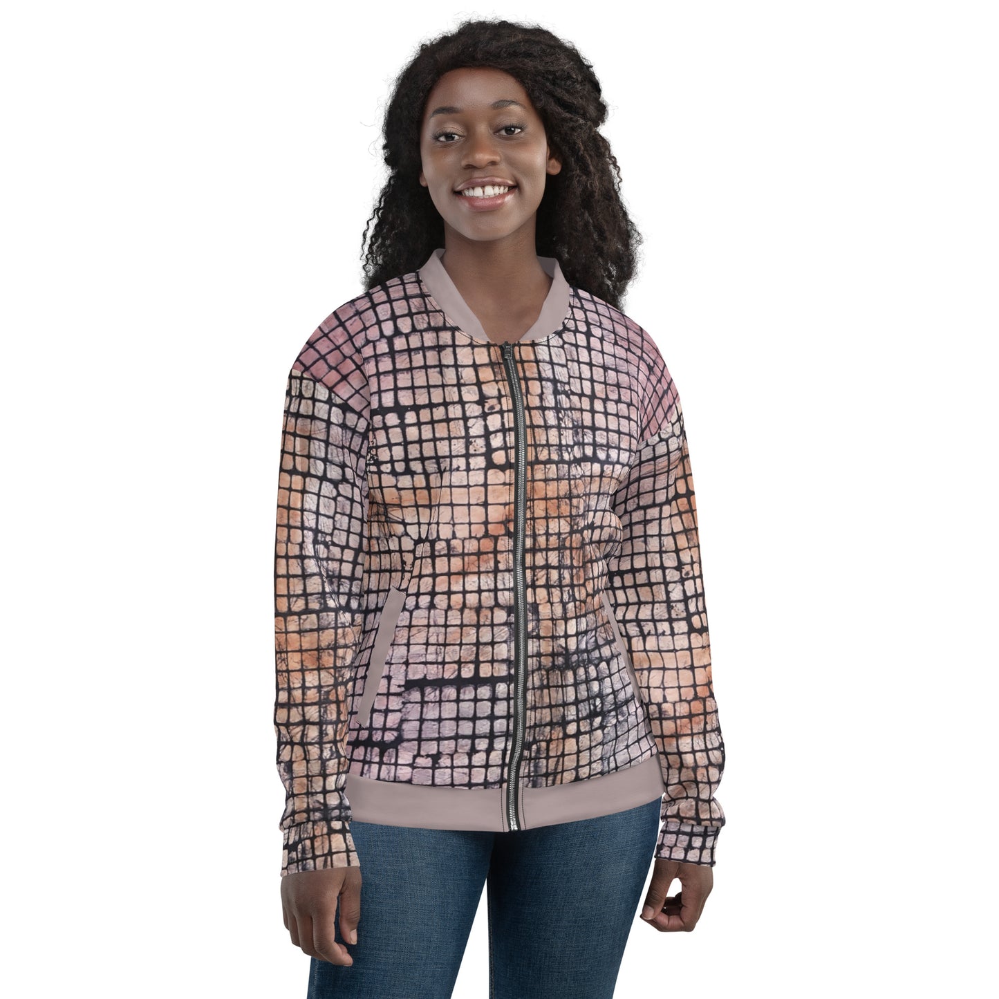 Pink Checked Adire Unisex Bomber Jacket