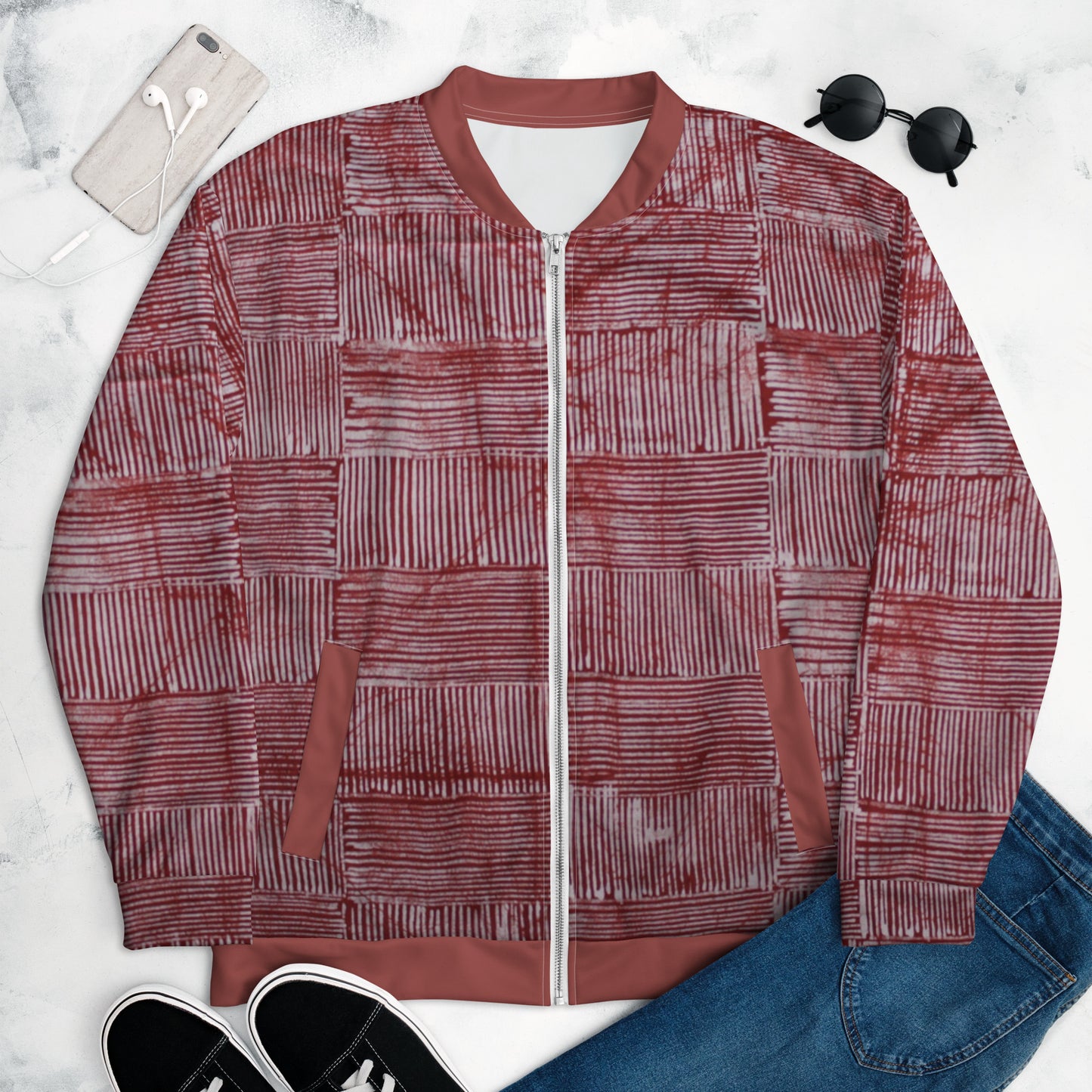 Red & White Stripes Adire Unisex Bomber Jacket