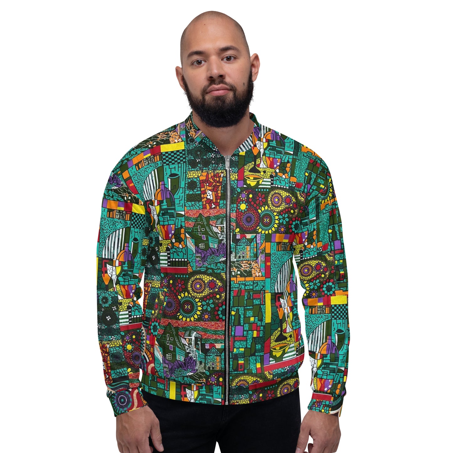 Colourful Green Plants Floral Vase Wine Glass Print Ankara Unisex Bomber Jacket