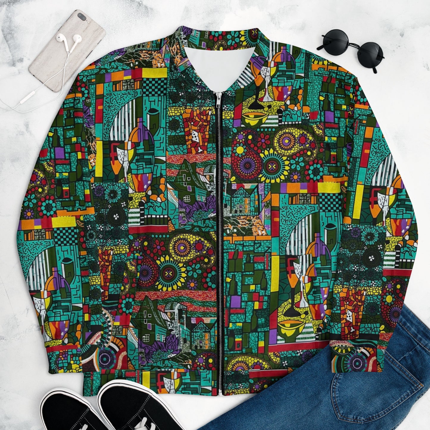 Colourful Green Plants Floral Vase Wine Glass Print Ankara Unisex Bomber Jacket