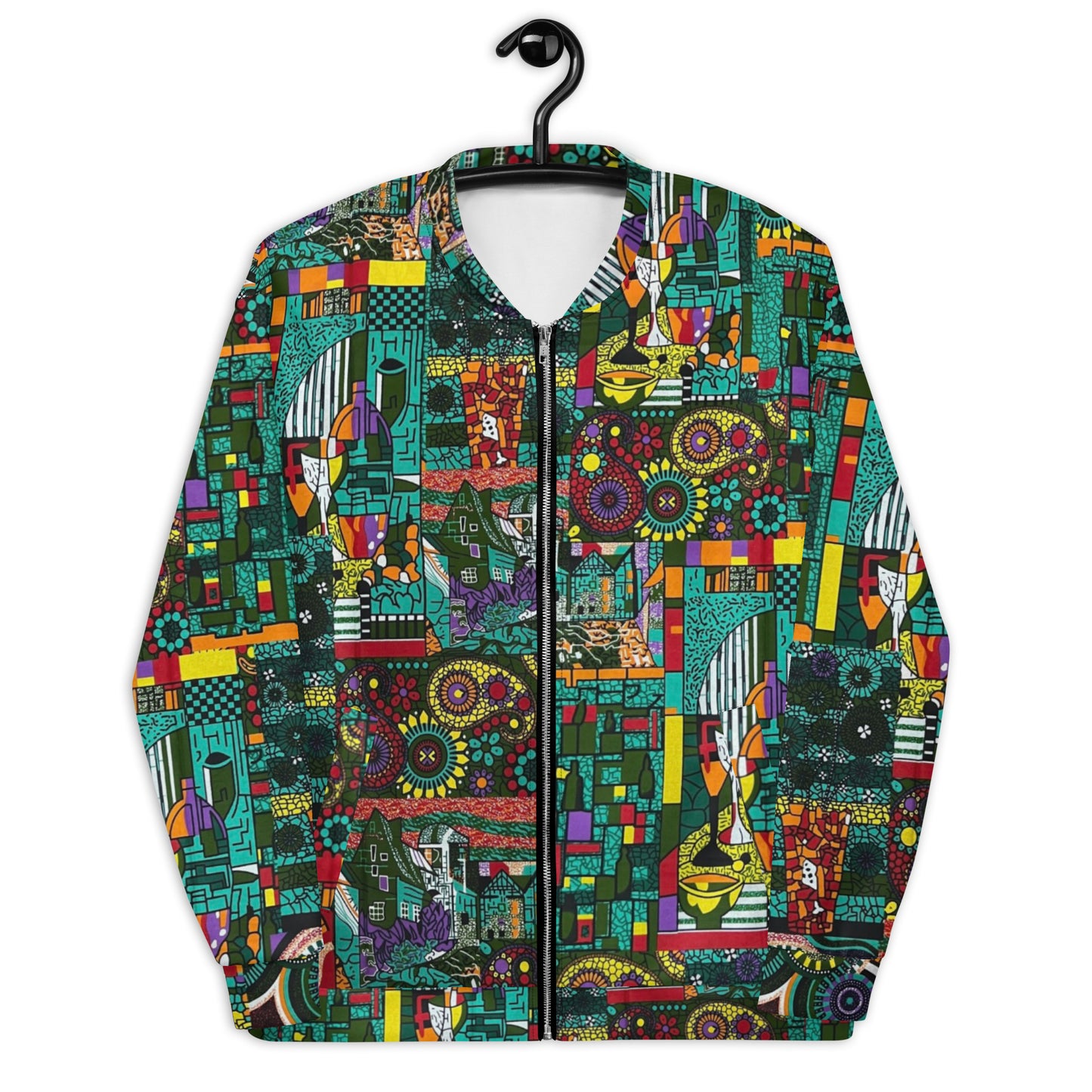 Colourful Green Plants Floral Vase Wine Glass Print Ankara Unisex Bomber Jacket