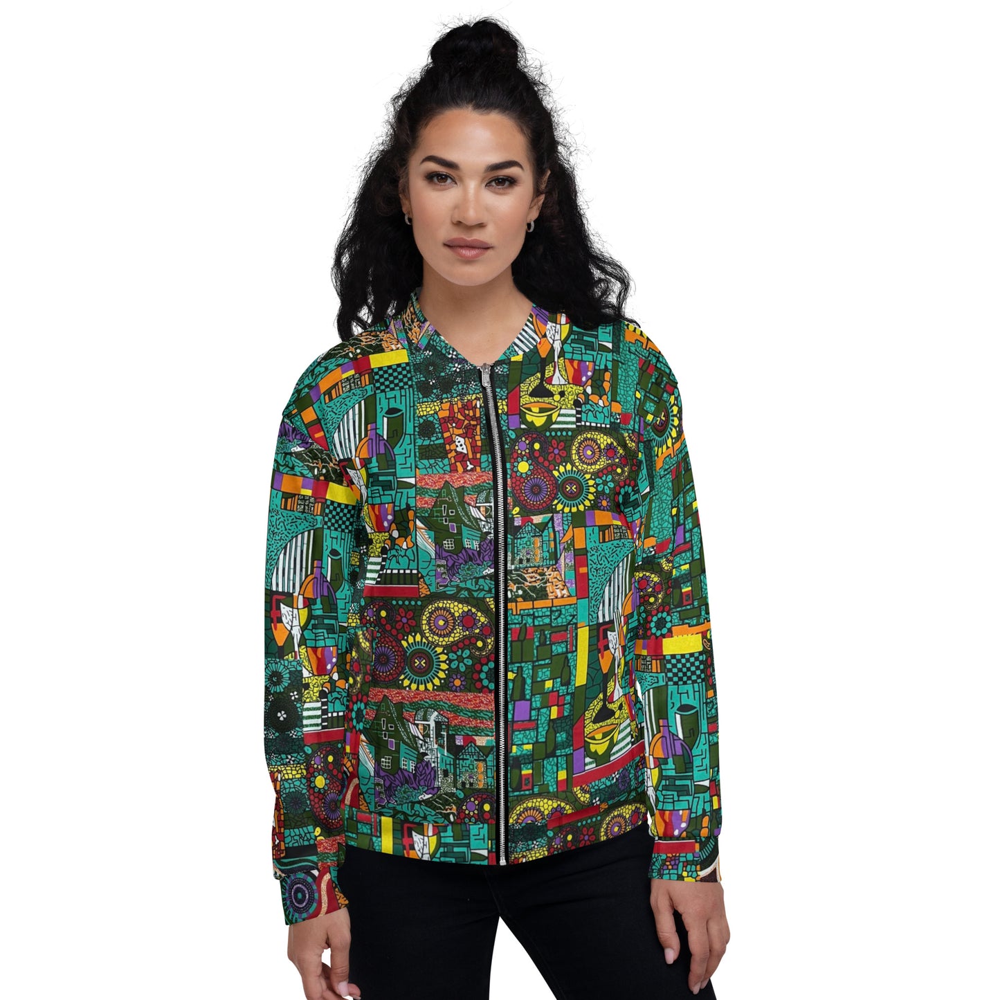 Colourful Green Plants Floral Vase Wine Glass Print Ankara Unisex Bomber Jacket