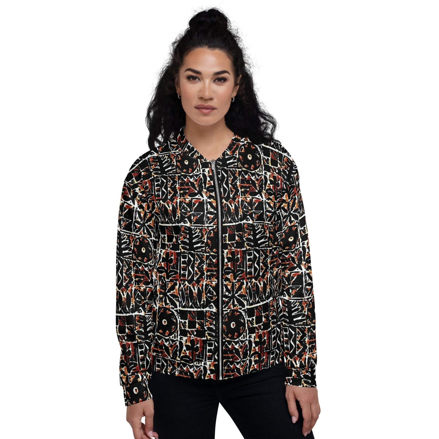 Red Black Abstract Adire Unisex Bomber Jacket