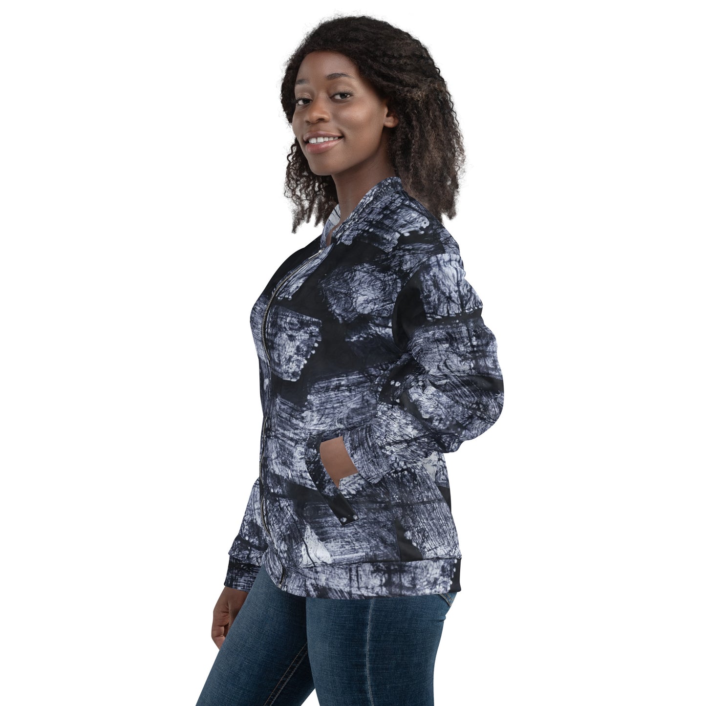 Dark Blue And White African Fabric Unisex Bomber Jacket