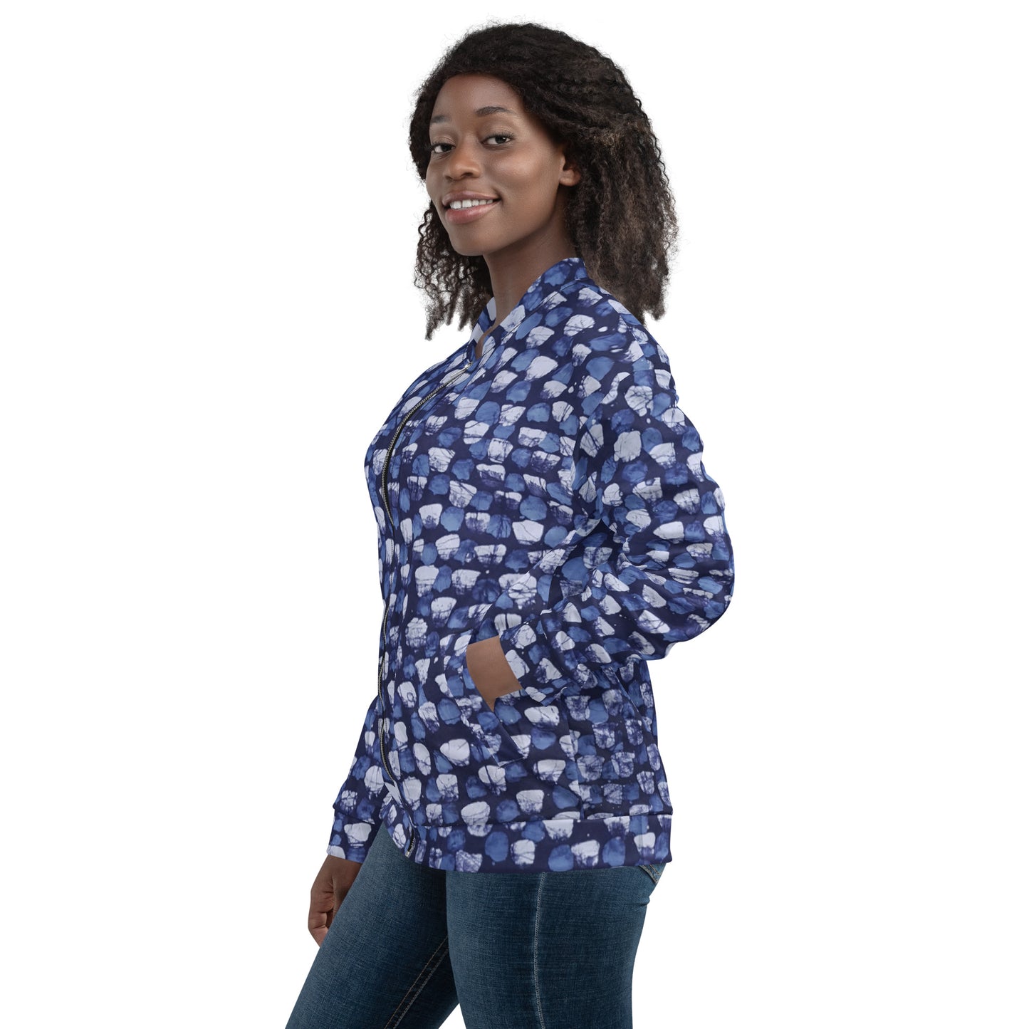 Blue Dotted Adire Unisex Bomber Jacket