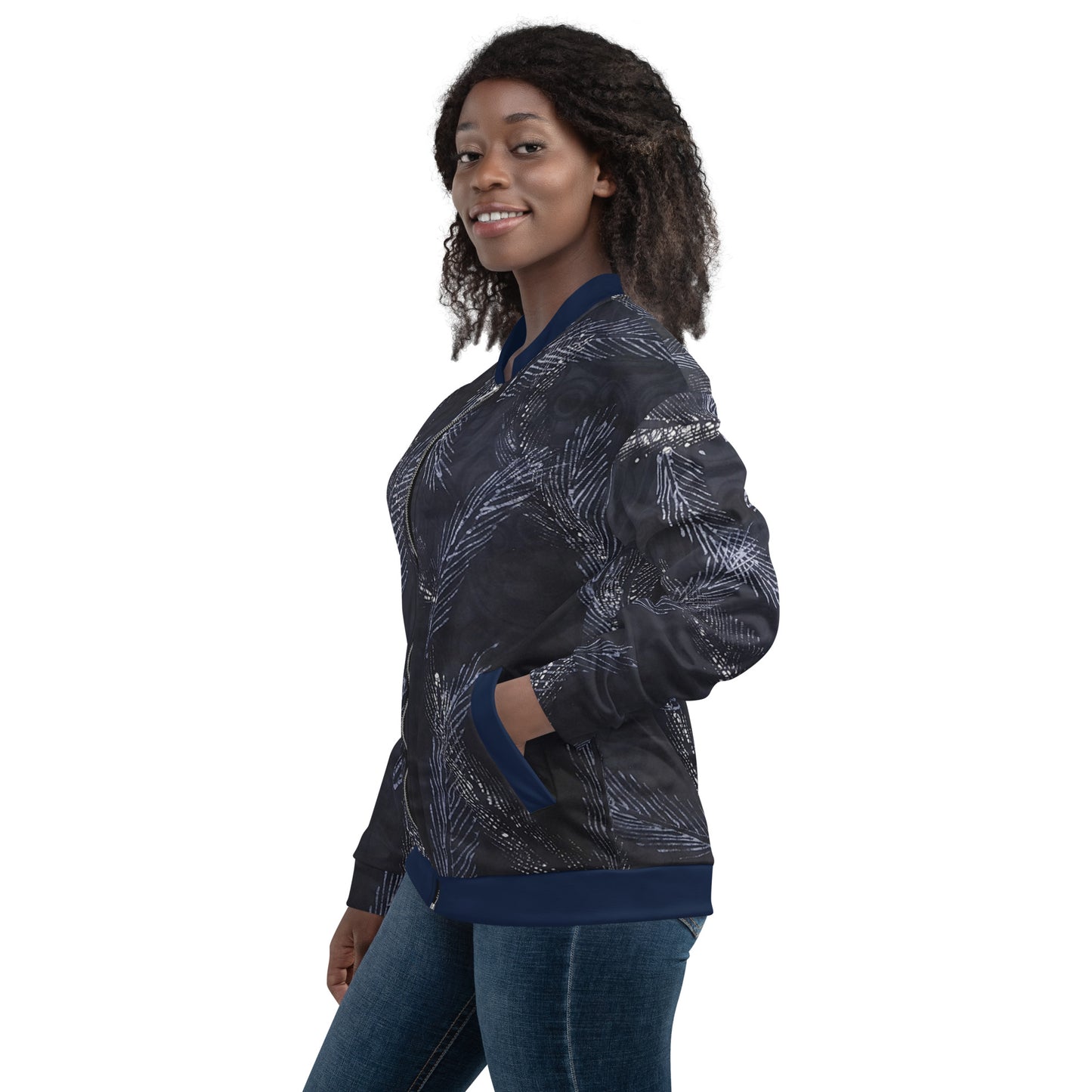 Dark Blue Leaf Adire Unisex Bomber Jacket