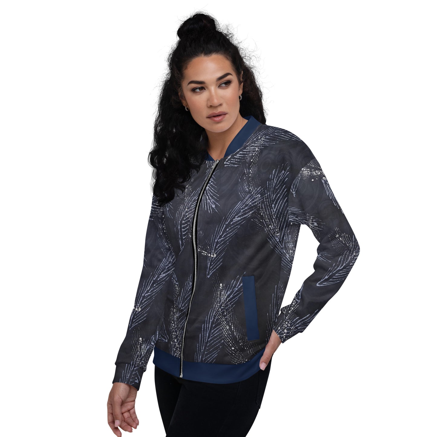 Dark Blue Leaf Adire Unisex Bomber Jacket