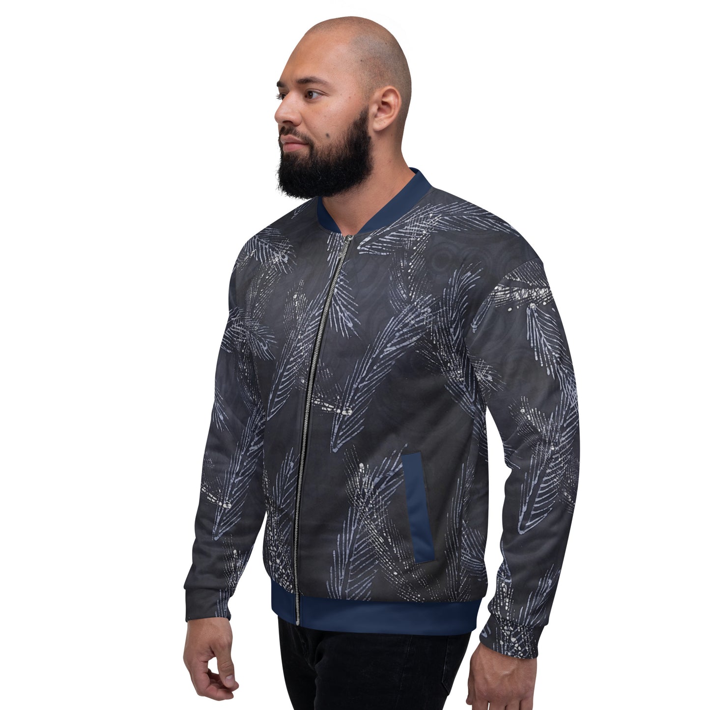 Dark Blue Leaf Adire Unisex Bomber Jacket