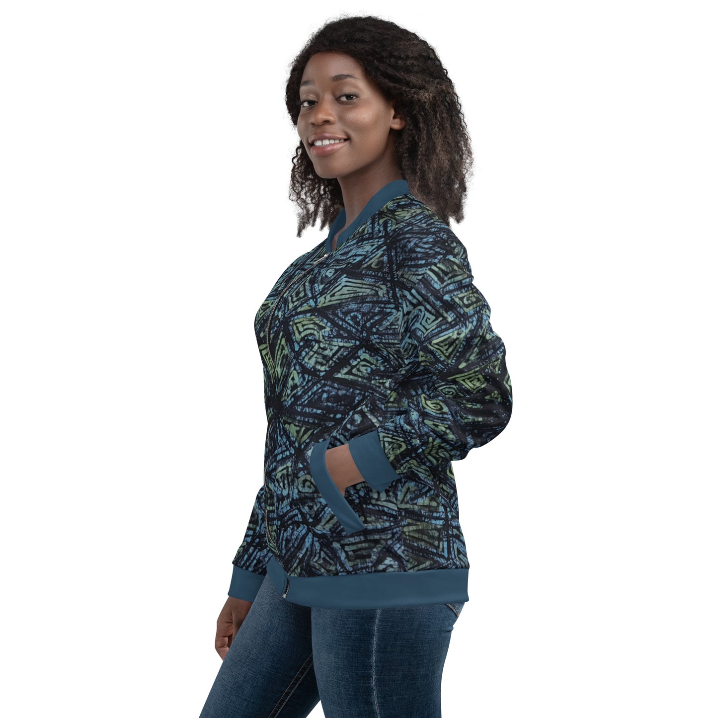 Indigo Green Turquoise Adire Unisex Bomber Jacket