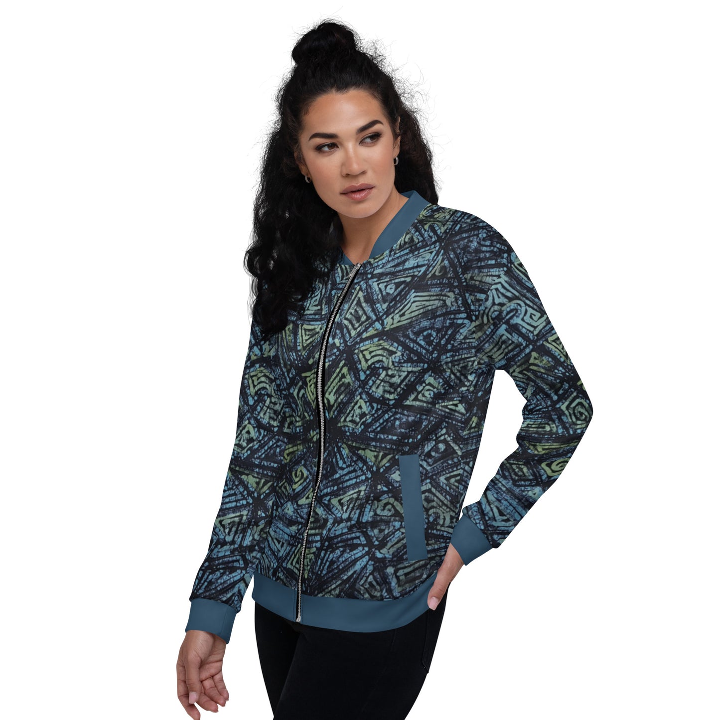 Indigo Green Turquoise Adire Unisex Bomber Jacket