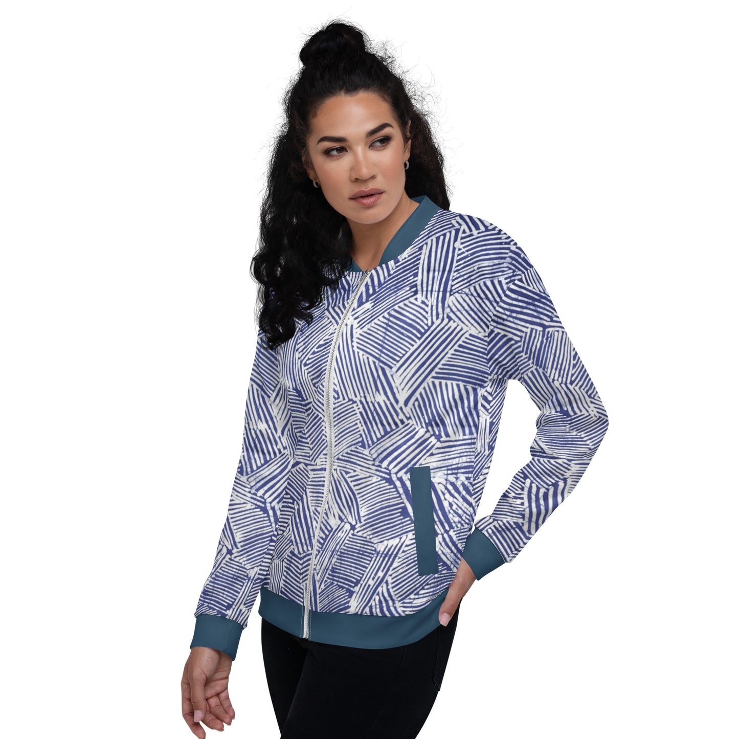 Blue & White Stripe Adire Unisex Bomber Jacket